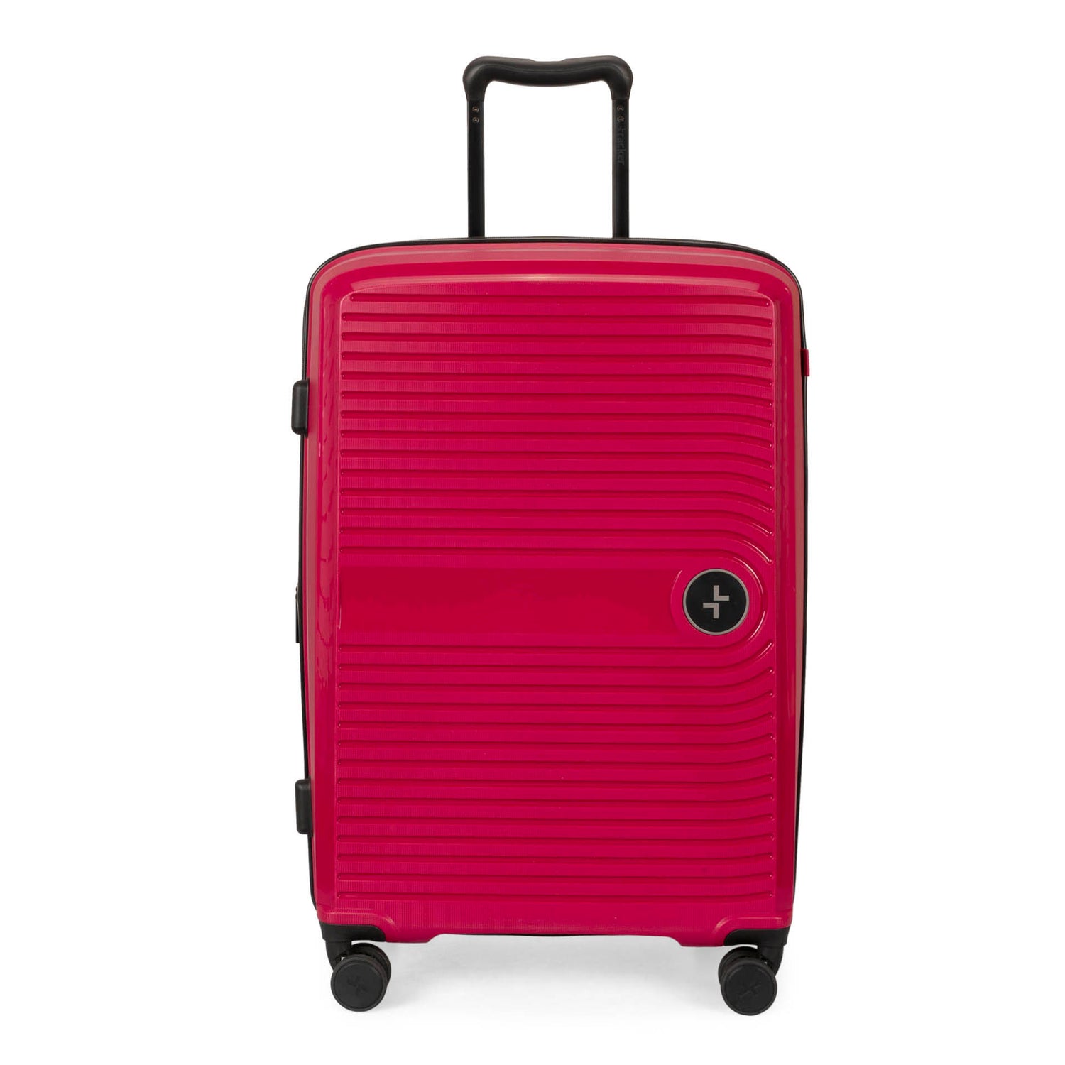 Front side of a red luggage called Dynamo designed by Tracker showing its telescopic handle, lined-pattern shell, and tracker symbol embossed on the front.