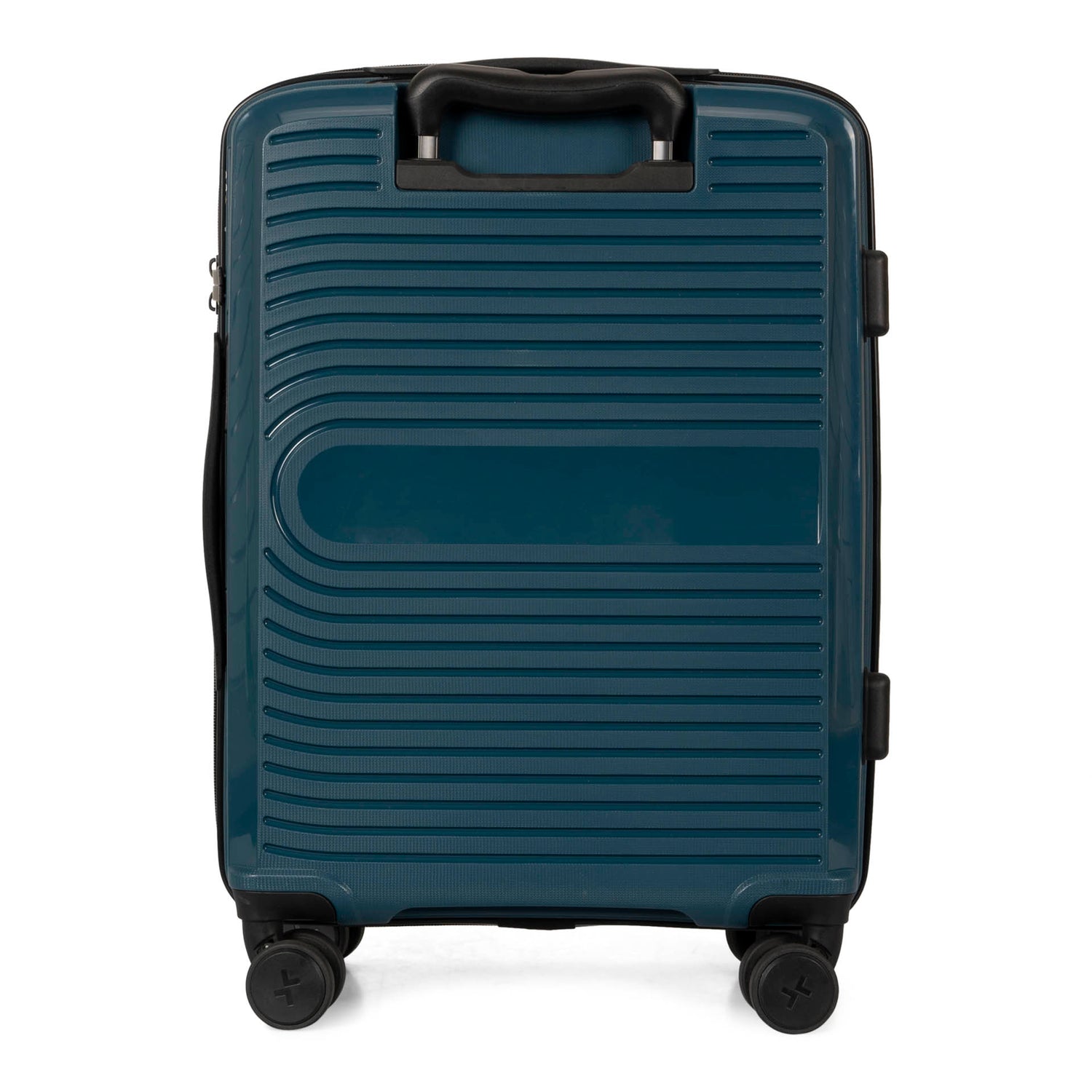 Back side of a navy luggage called Dynamo designed by Tracker showing its telescopic handle and lined-pattern shell.