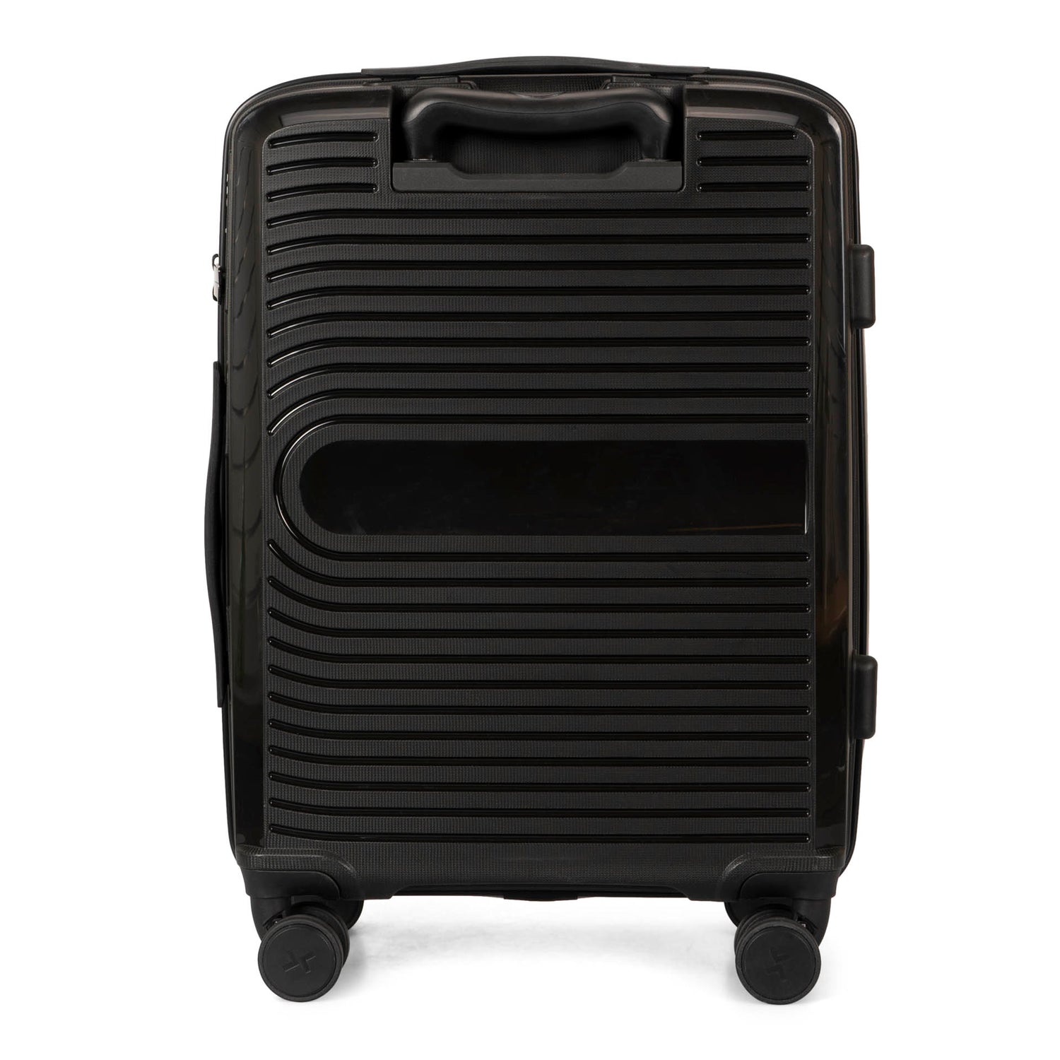 Back side of a black luggage called Dynamo designed by Tracker showing its telescopic handle and lined-pattern shell.