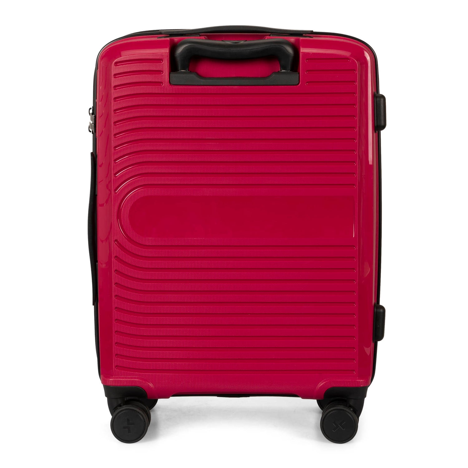 Back side of a red luggage called Dynamo designed by Tracker showing its telescopic handle and lined-pattern shell.