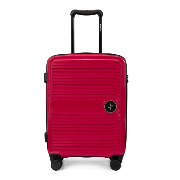 Front side of a red luggage called Dynamo designed by Tracker showing its telescopic handle, lined-pattern shell, and tracker symbol embossed on the front.  