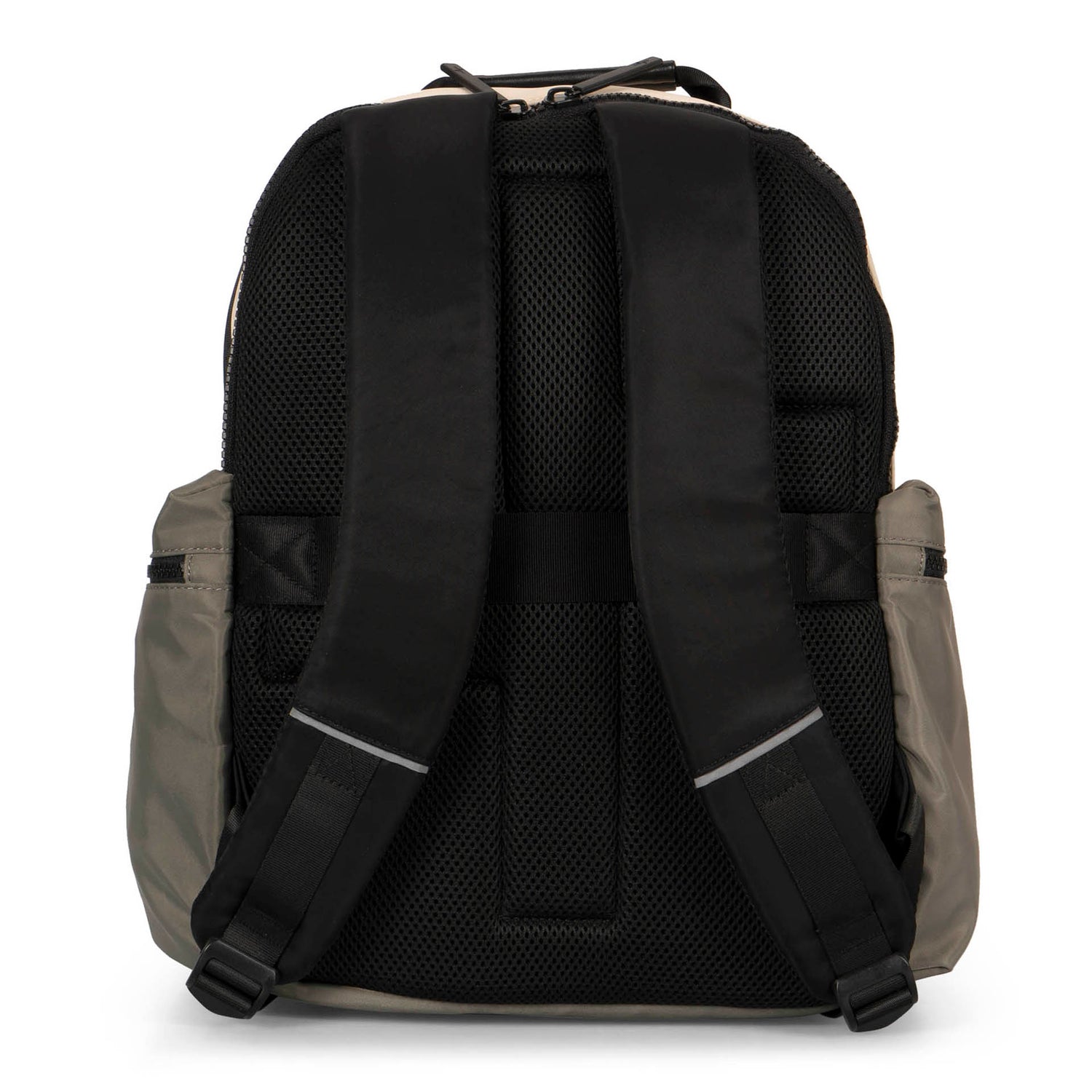 Back side view of a grey-green and beige backpack called Sutton by Tracker on white background, showcasing its padded back panel, top handle, padded straps, and 2 side zipper pockets.