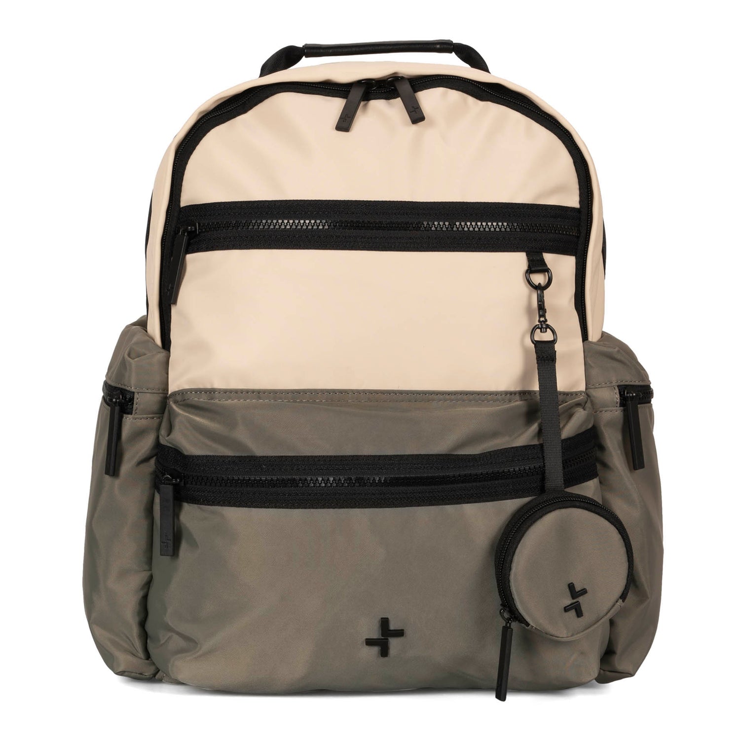 Angle view of a grey-green and beige backpack called Sutton by Tracker, showcasing its 2 front zipper pockets, an ear pod pouch, top handle and 2 side zipper pockets.