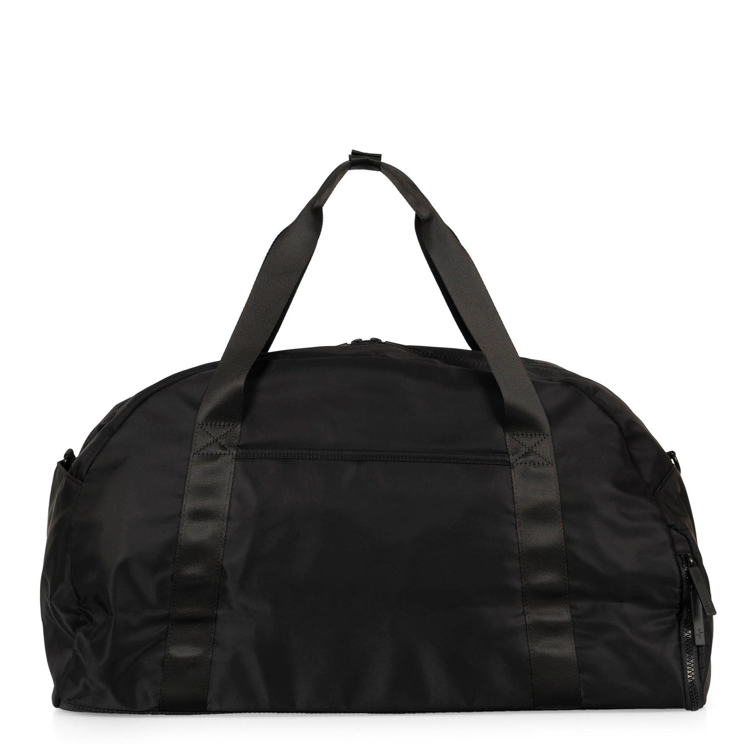 Back side of a black duffle bag called Sutton designed by Tracker on a white background, showcasing its top handle and the bottom of a shoe compartment.