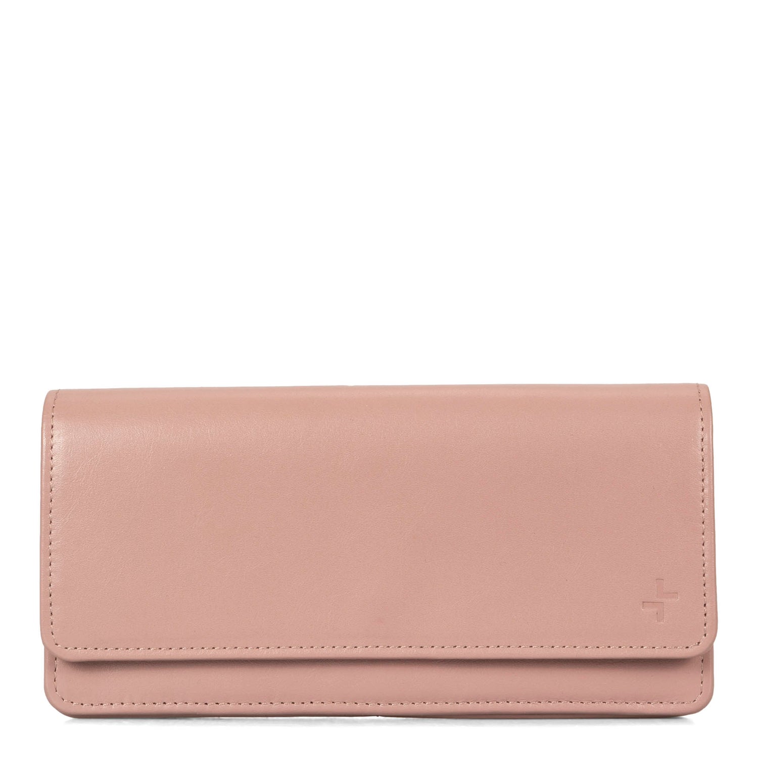Front side of a pink women's wallet called Kelly designed by Tracker showing its leather texture and stitchings.