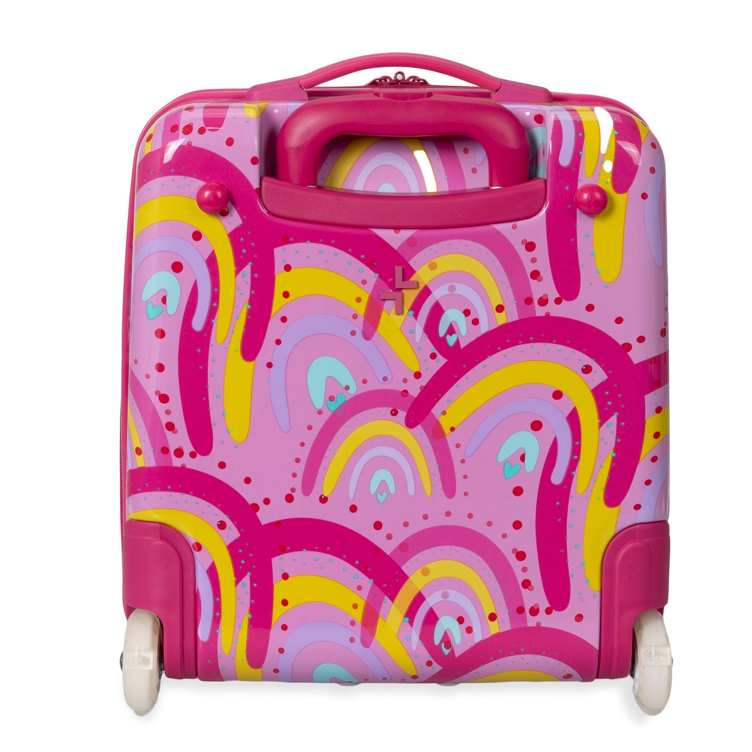 Backside of a pink and yellow, rainbow-print kids luggage designed by Triforce on a white background.
