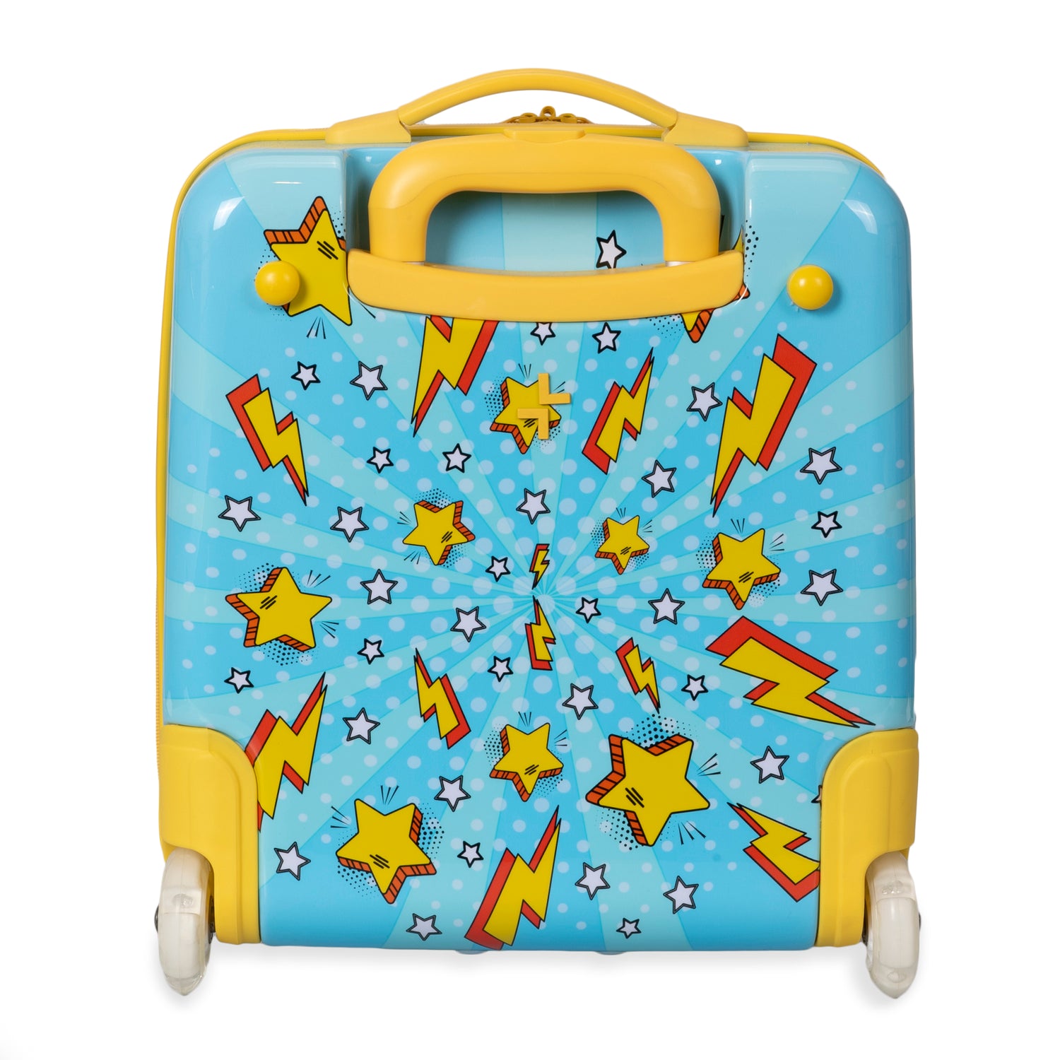 Backside of a blue and yellow, lightning and star-print kids luggage designed by Triforce on a white background.