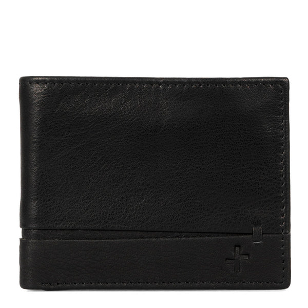 Front side of a black wallet called Calwood designed by Tracker, showcasing the tracker logo at the bottom right corner and soft leather texture.