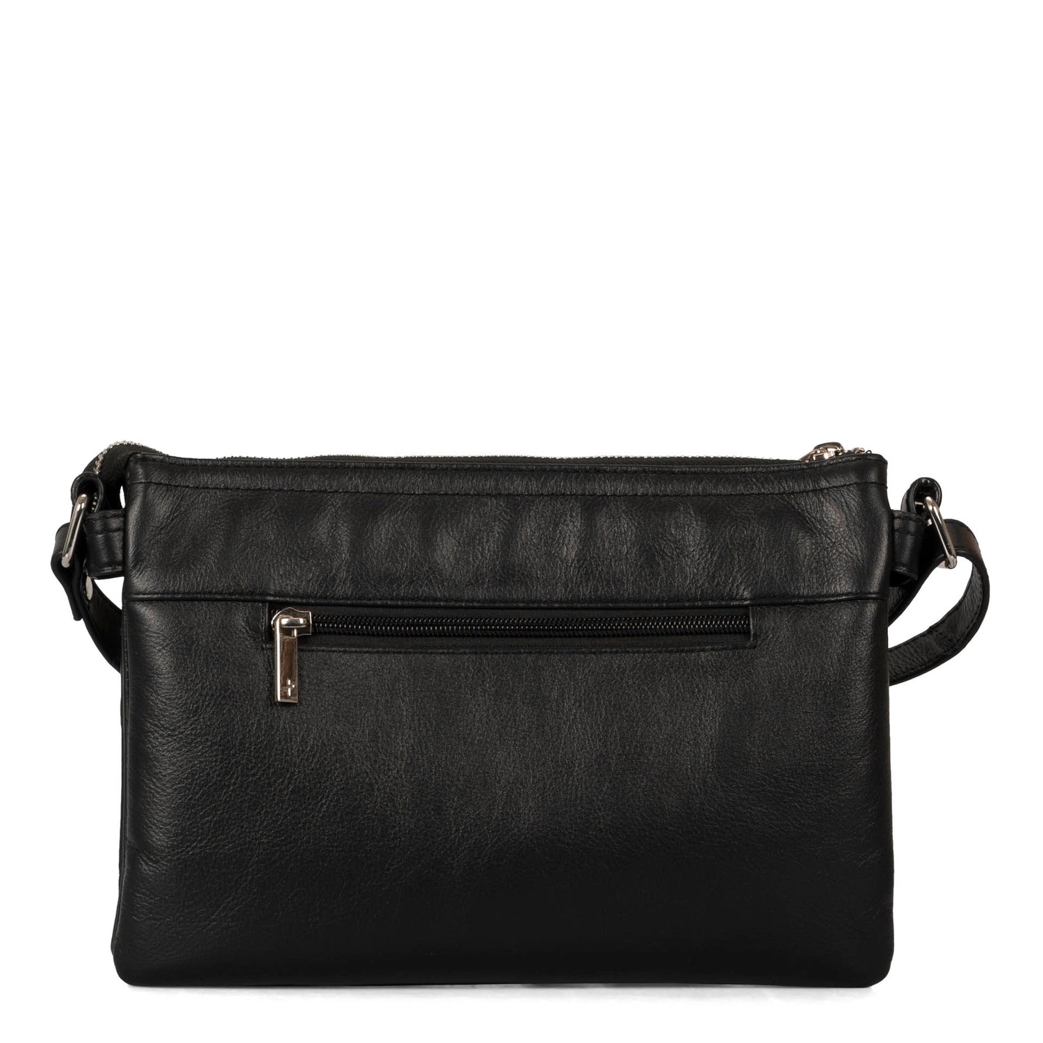 Front view of a black crossbody bag called Basics designed by Tracker showing its supple leather texture and zipper pocket.