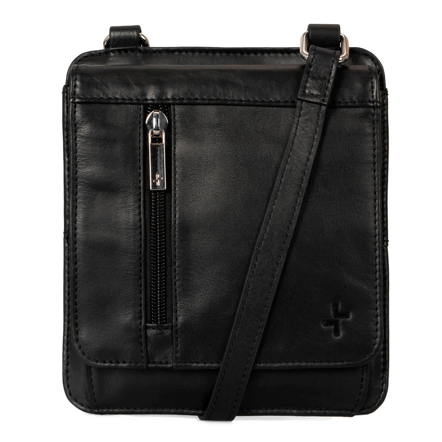 Front view of a black slim crossobdy bag called Basics designed by Tracker showing its supple leather, crossbody strap, and exterior zipper pocket.