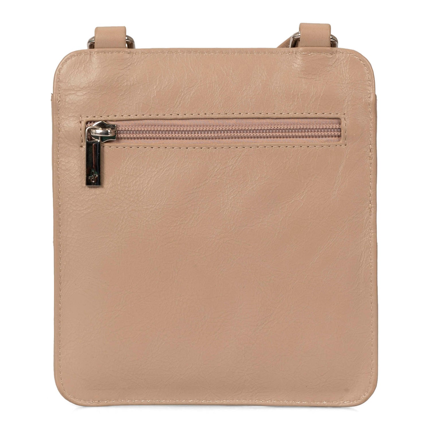 Back view of a beige slim crossobdy bag called Basics designed by Tracker showing its supple leather, crossbody strap, and exterior zipper pocket.