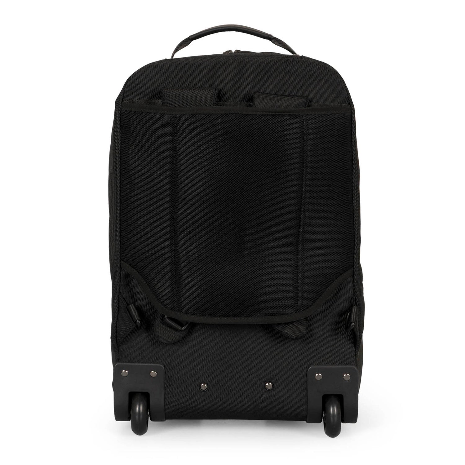 Back side of a black backpack on wheels called Wellington designed by tracker on white background, showcasing padded shoulder straps and back panel along with its top handle and wheels.