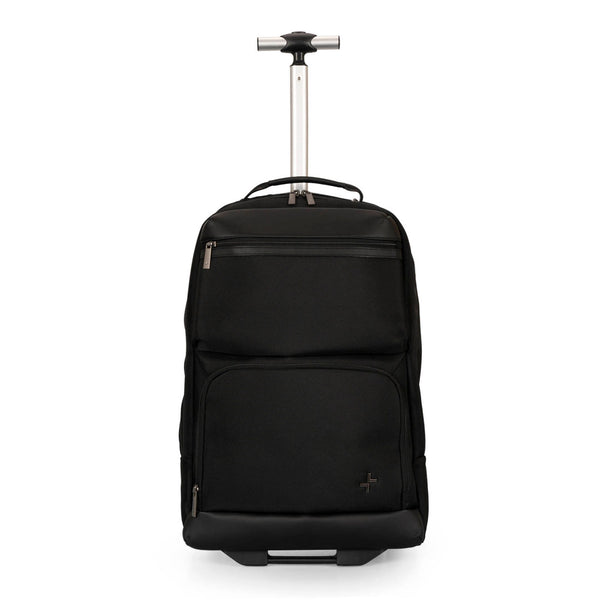Front side of a black backpack on wheels called Wellington designed by tracker on white background, showcasing its telescopic handle.