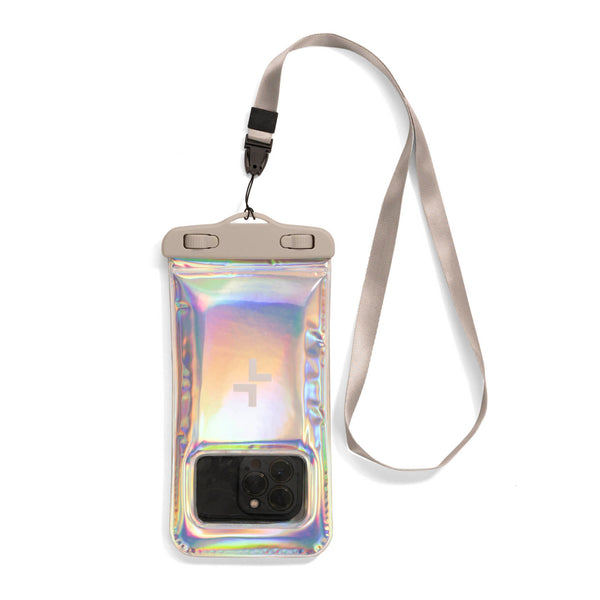 Backside of an iridescent waterproof phone pouch designed by Tracker showing its reflective texture, neck strap, and an opening for a phone's camera.