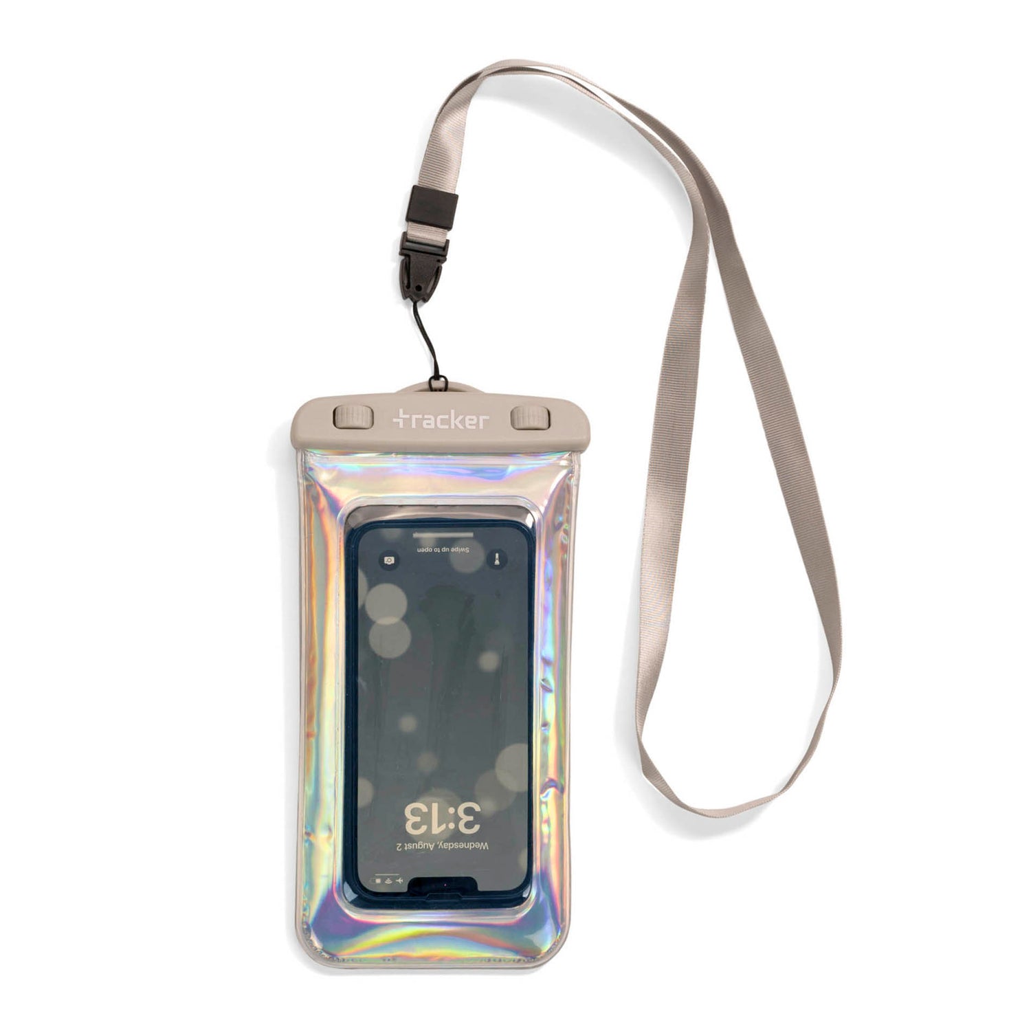 Front side of an iridescent waterproof phone pouch designed by Tracker showing its reflective texture, neck strap, and an opening to a stowed phone's front side which is turned on.