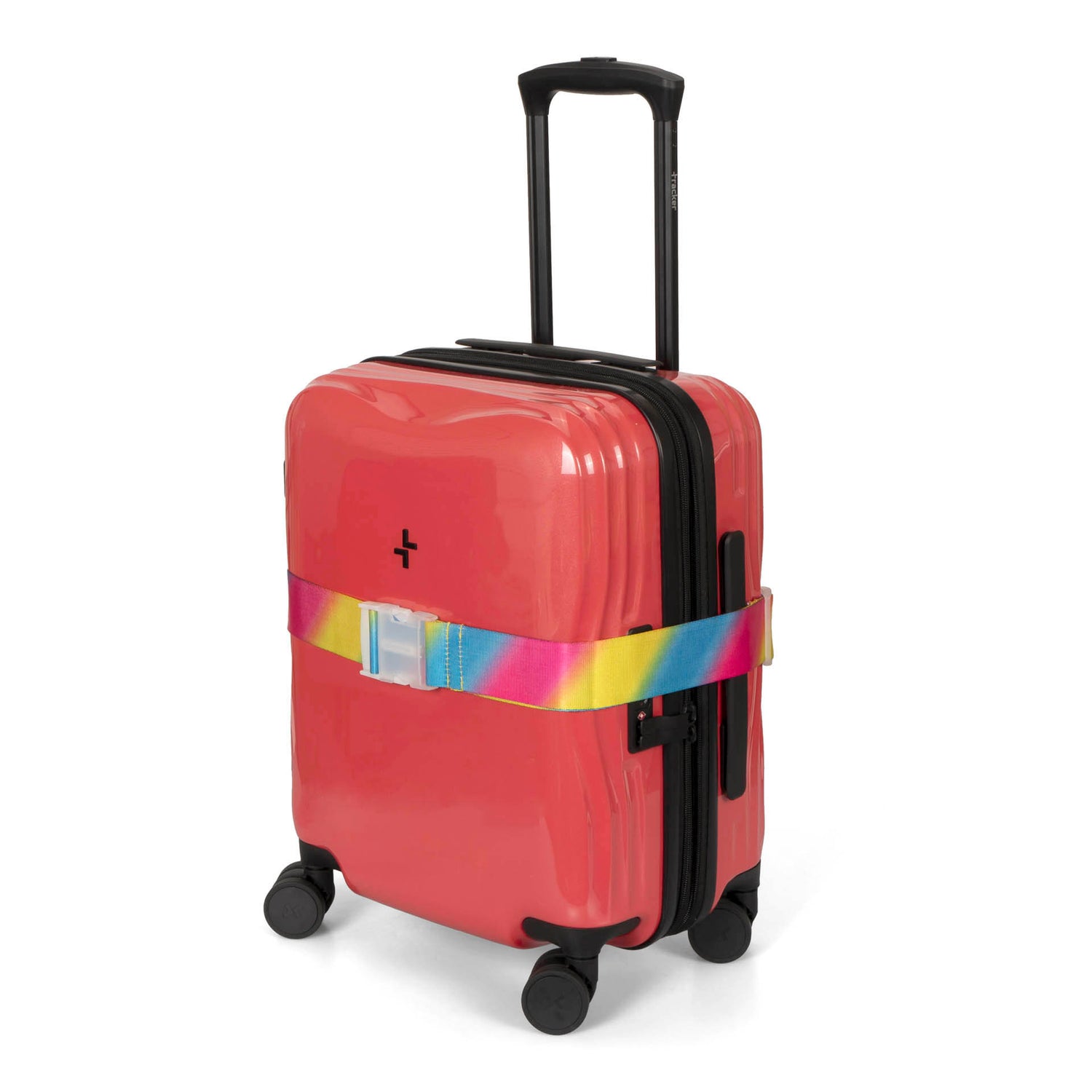 A colourful luggage strap called Rainbow designed by Tracker wrapped aorund a coral-coloured luggage that has its telescopic handle opened, showing its vibrant colours.