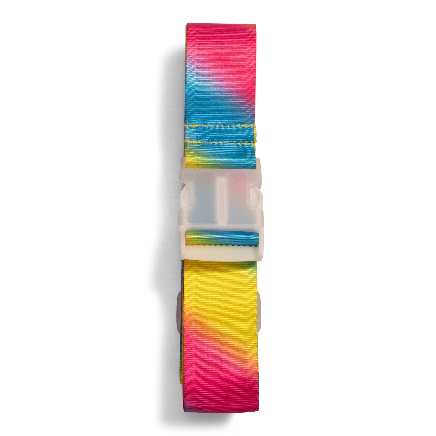 A colourful luggage strap that's folded and buckled, called Rainbow designed by Tracker showing its vibrant color texture.