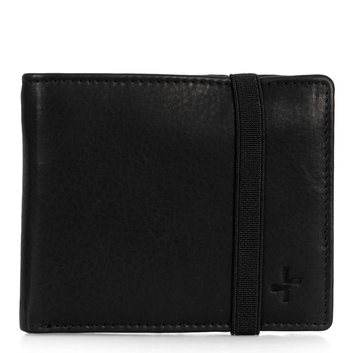 Front of a black leather wallet called Hudson designed by Tracker on a white background, showcasing its supple leather and elastic band.