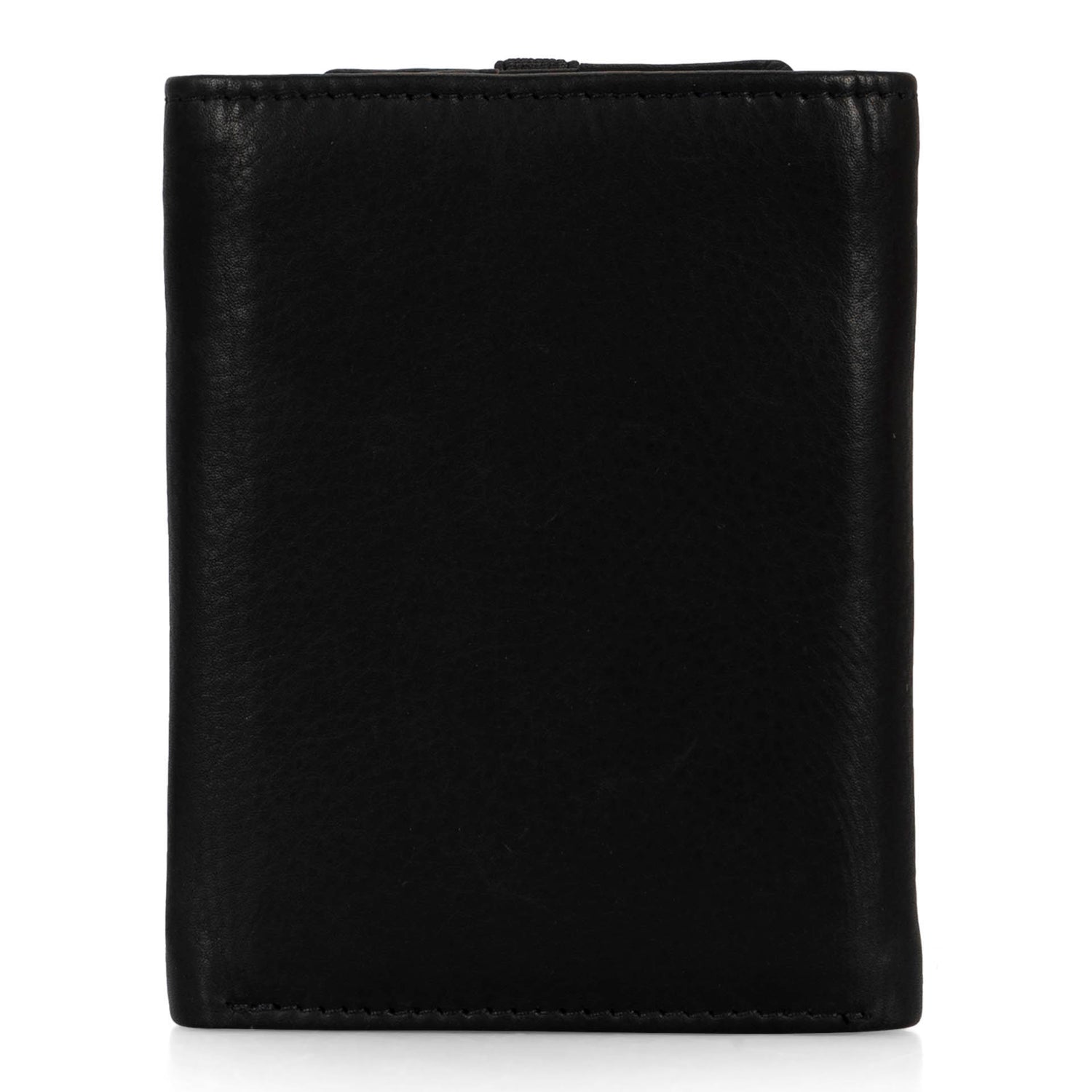 Back view of a black wallet called Hudson designed by Tracker on a white background, showcasing its smooth leather.