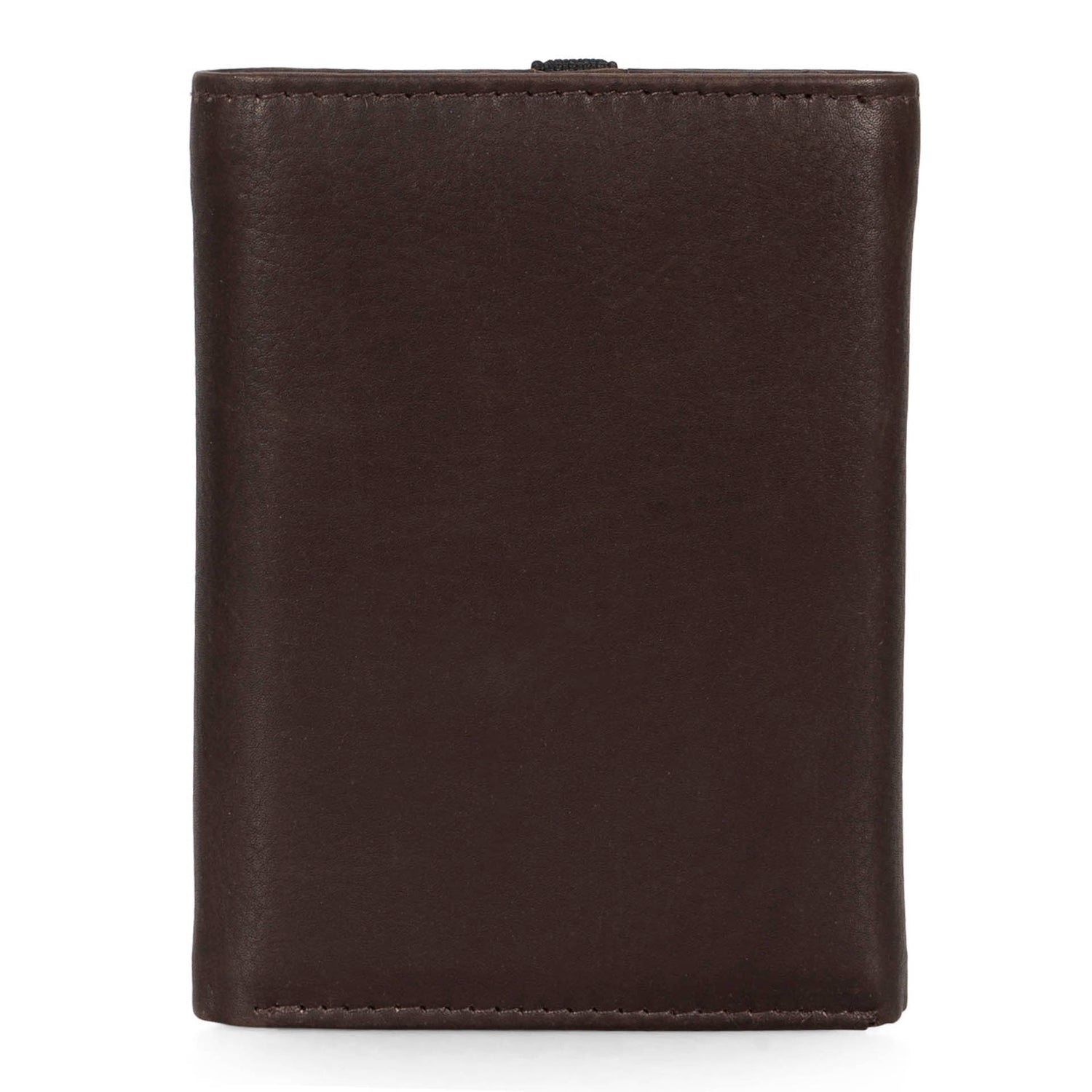 Back view of a brown wallet called Hudson designed by Tracker on a white background, showcasing its smooth leather.