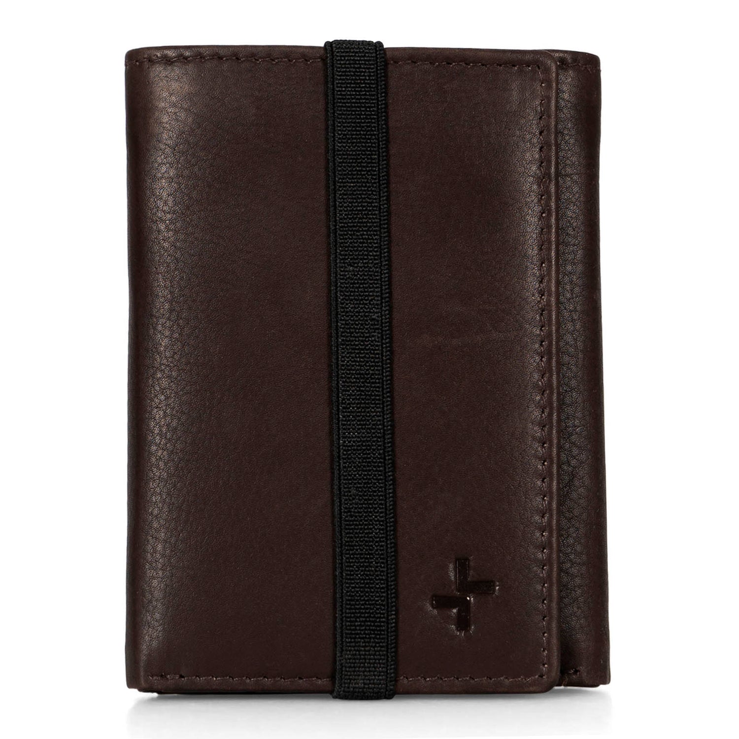Front view of a brown wallet called Hudson designed by Tracker on a white background, showcasing its smooth leather and elastic band.