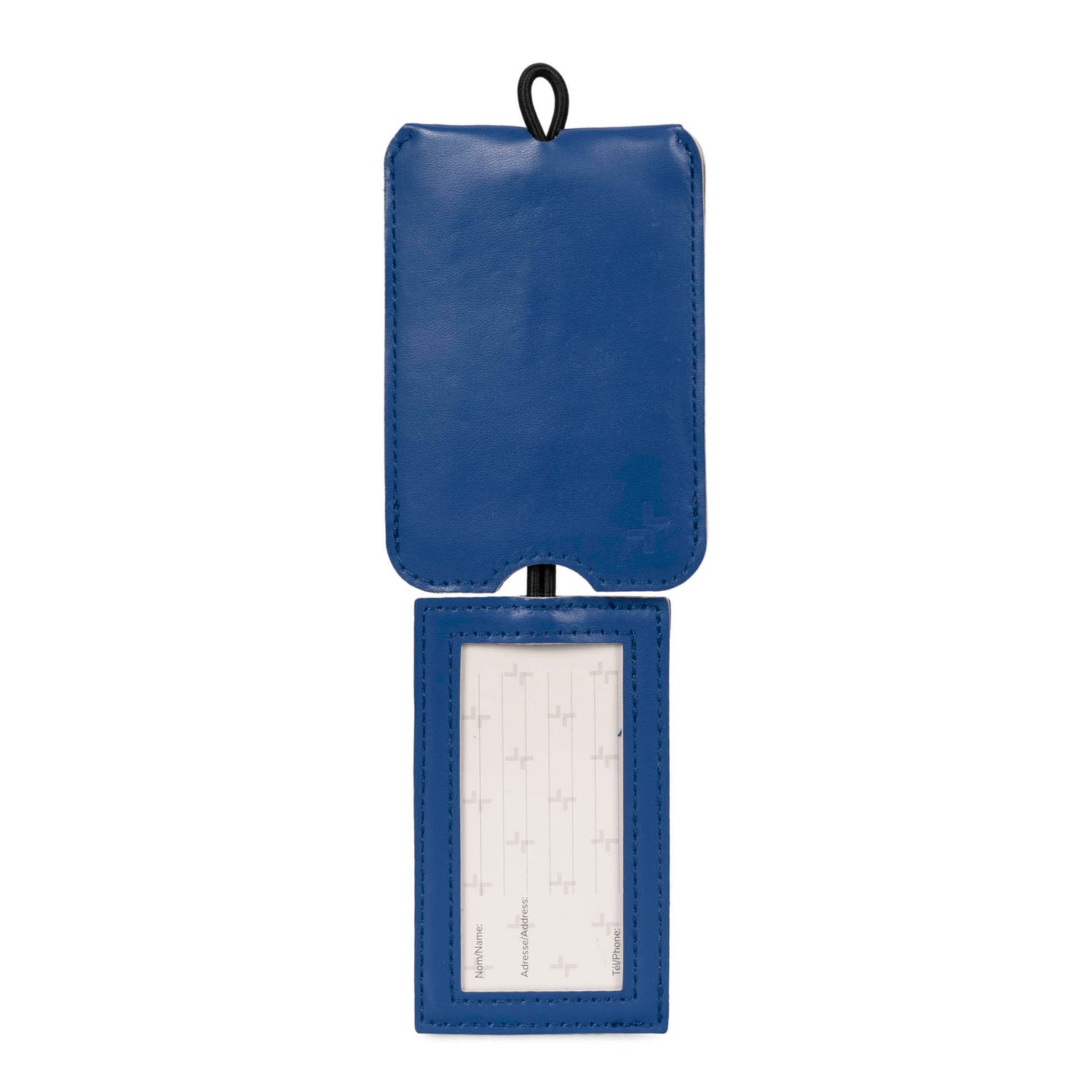 Front side of an opened blue luggage tag designed by Tracker showing blank lines for passengers' information and PU cover hanging above.