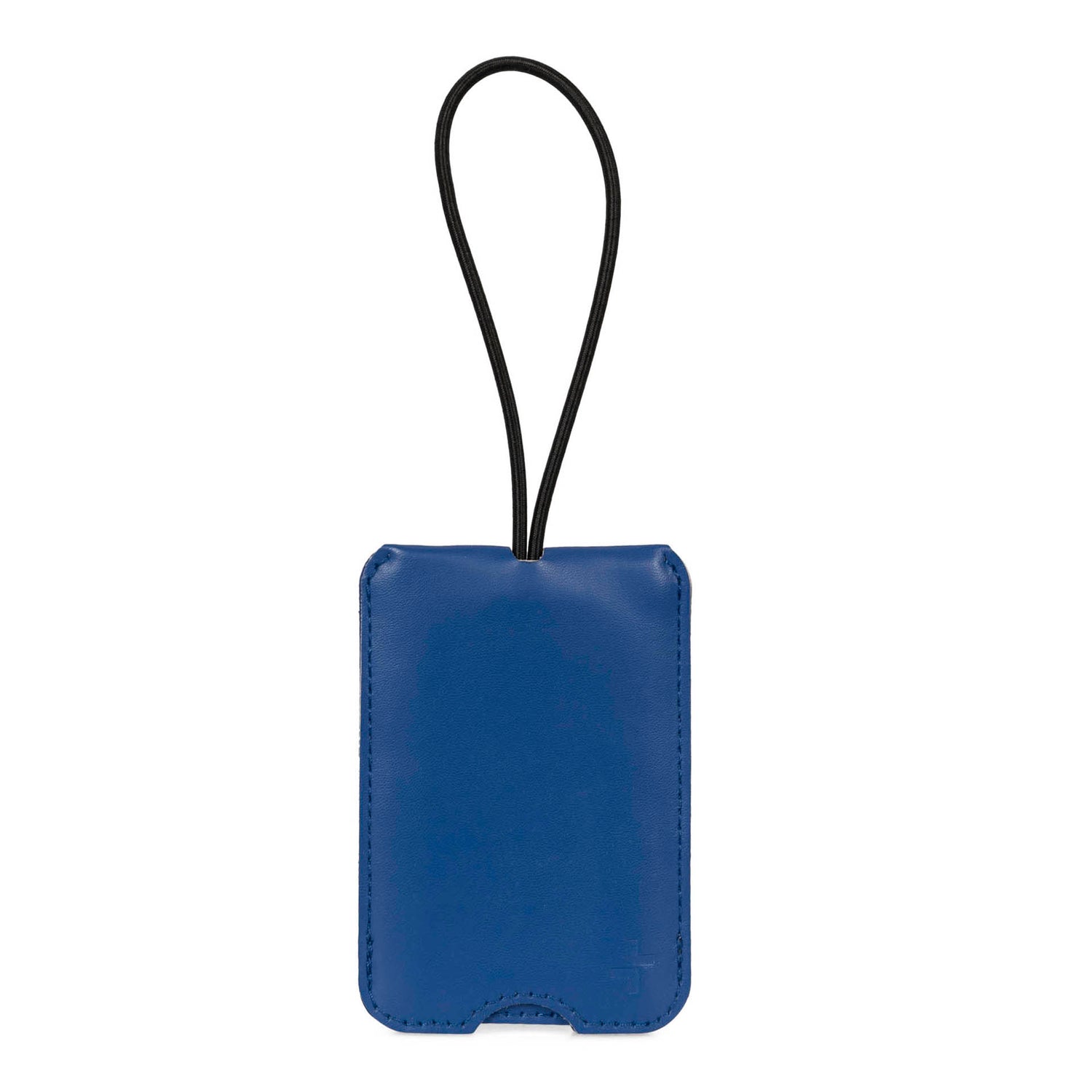 Front side of a blue luggage tag designed by Tracker showing its cord and PU cover texture.