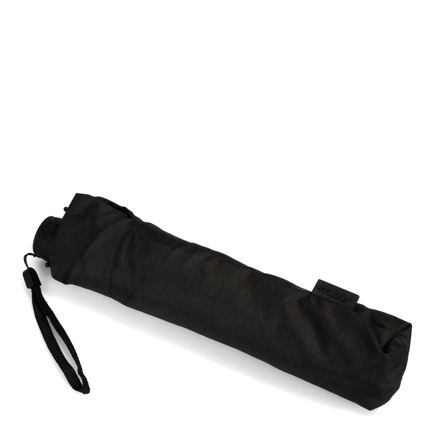 Side view of a black unisex umbrella called Tiny Manual designed by Tracker that is inside its included pouch.