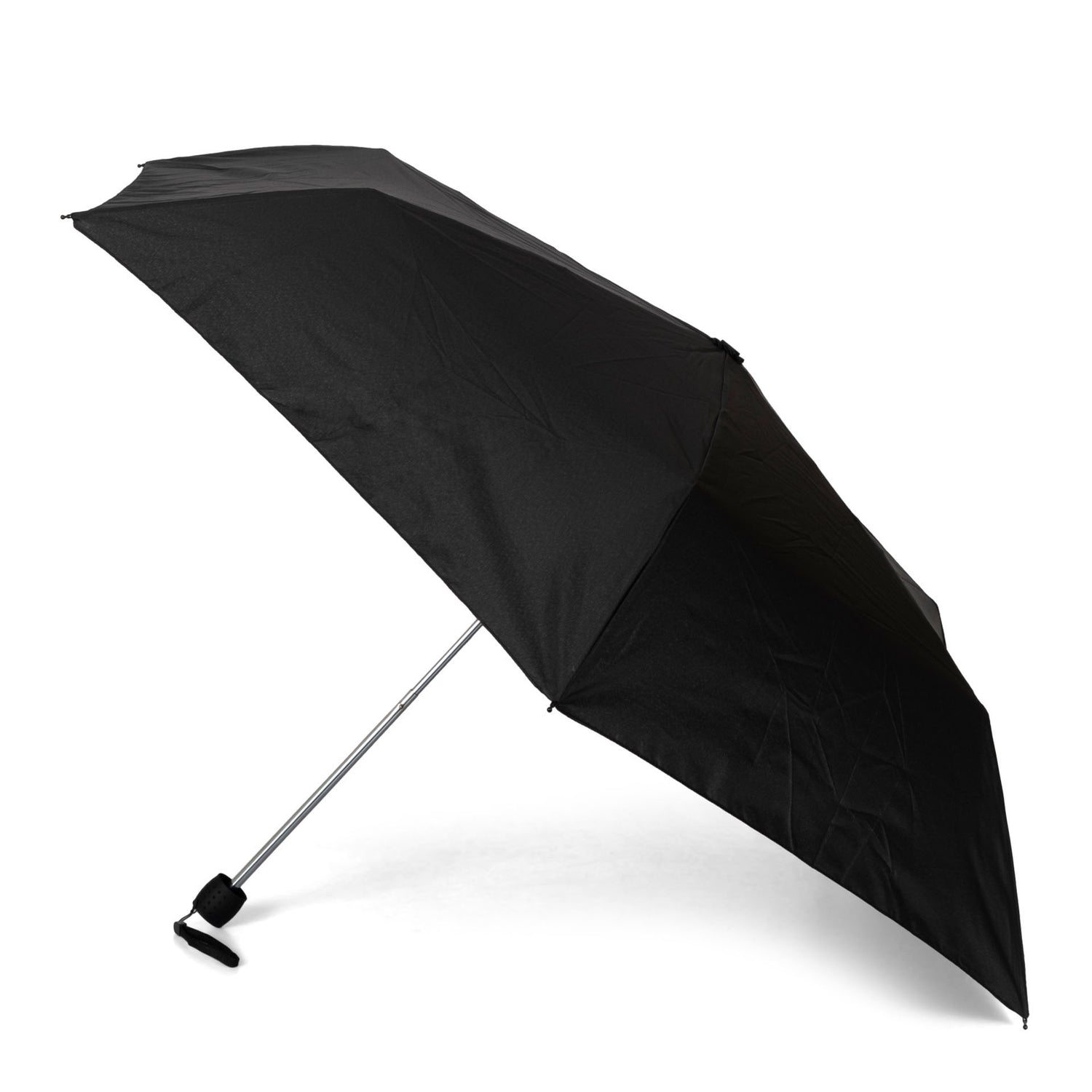 Side view of a black unisex umbrella called Tiny Manual designed by Tracker that is leaning on the right.