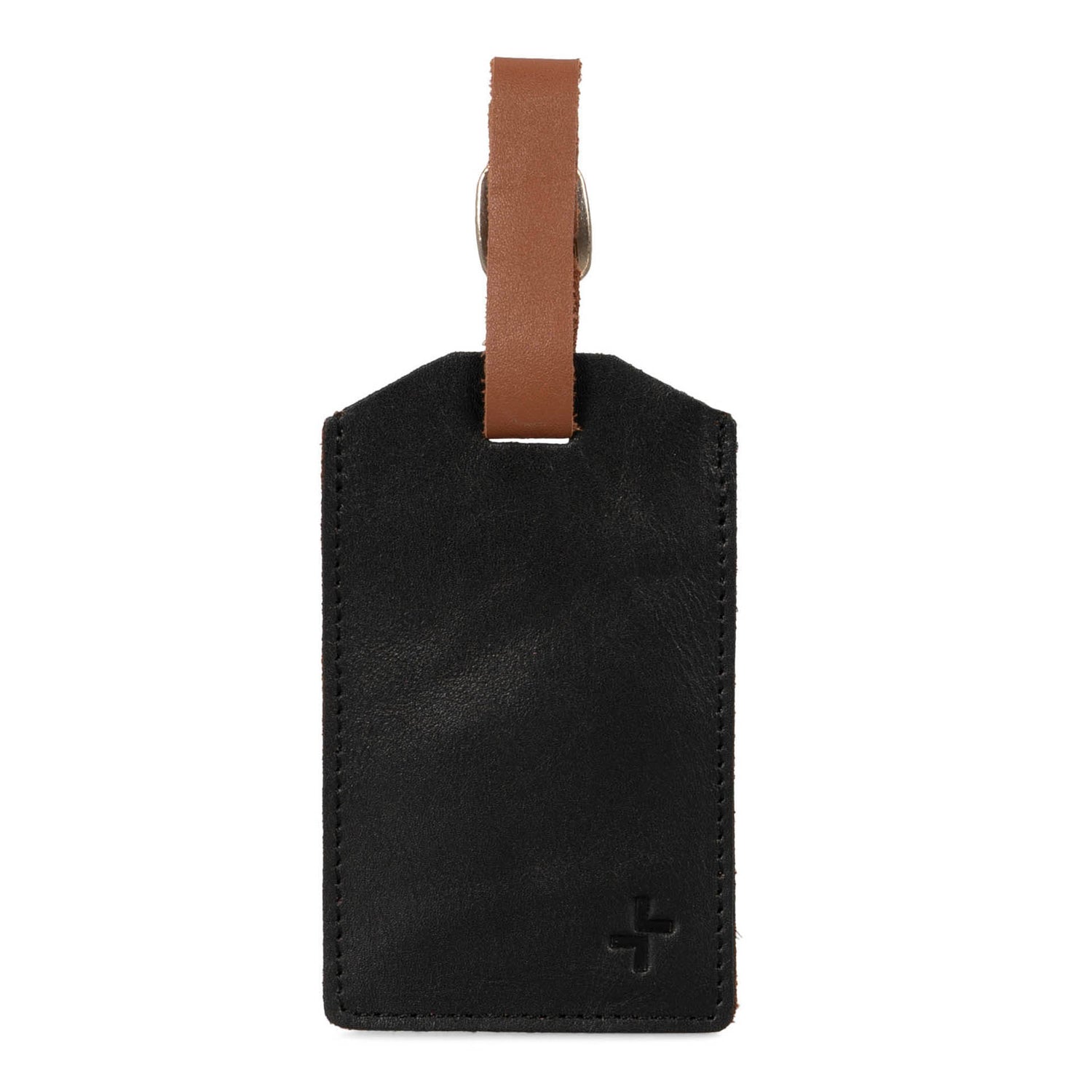 Front side of a black leather luggage tag designed by Tracker showing its supple texture and brown strap.