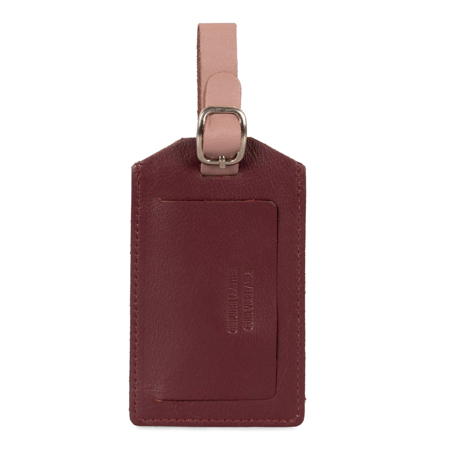 Front side of a burgundy leather luggage tag designed by Tracker showing its supple texture and pinkish brown strap.