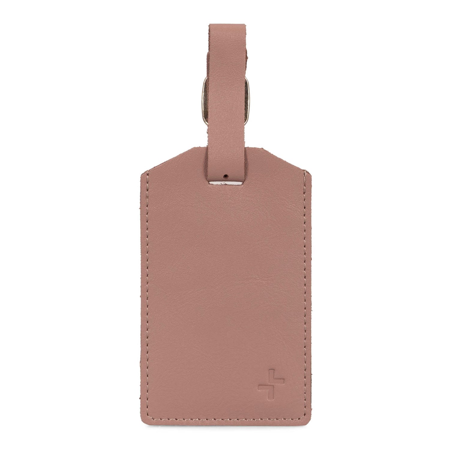 Back side of a pink coloured leather luggage tag designed by Tracker showing its supple texture and strap.