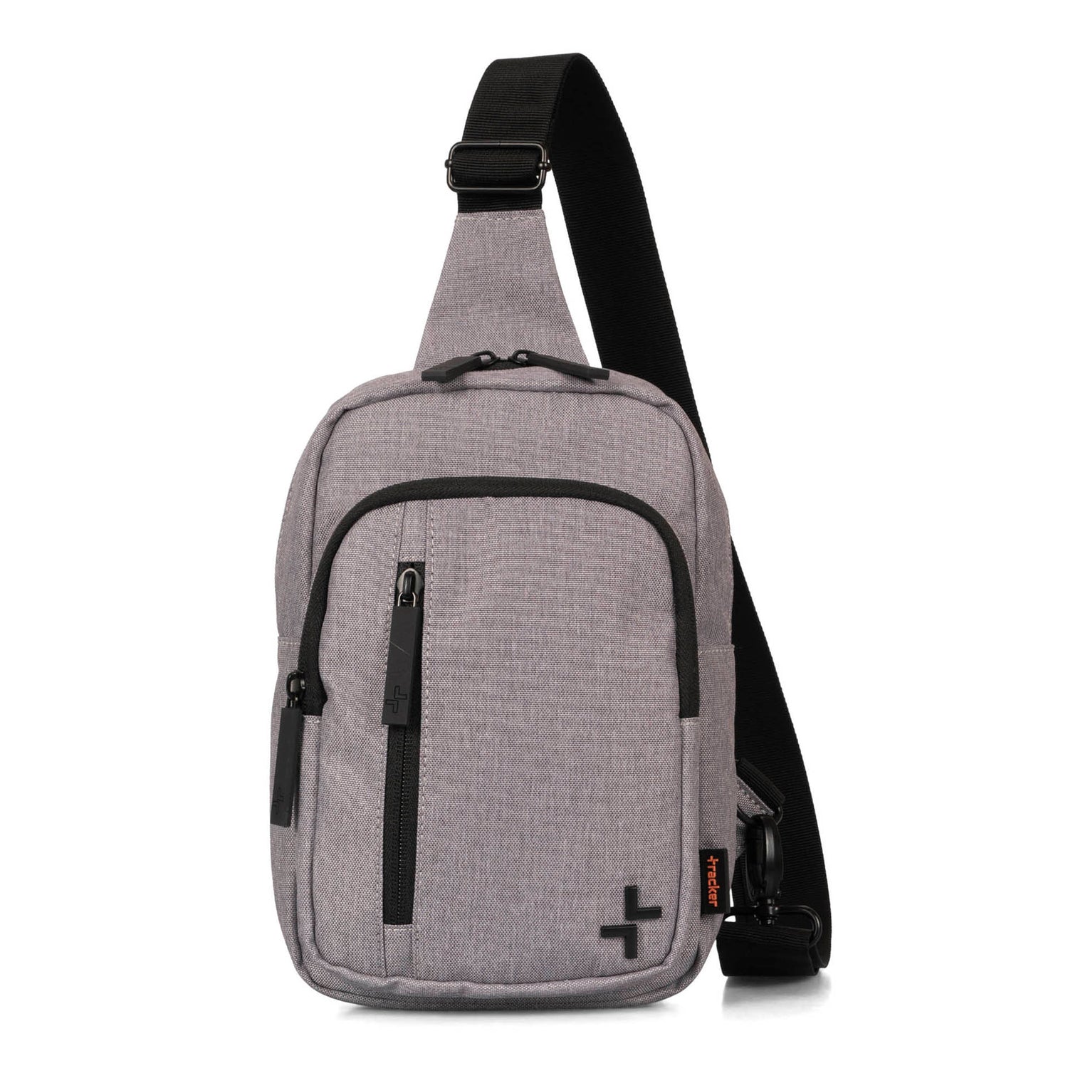 Front side of a grey sling bag called Nelson designed by Tracker showing its textured polyester, 2 front zipper pockets, the tracker logo, and sling strap.