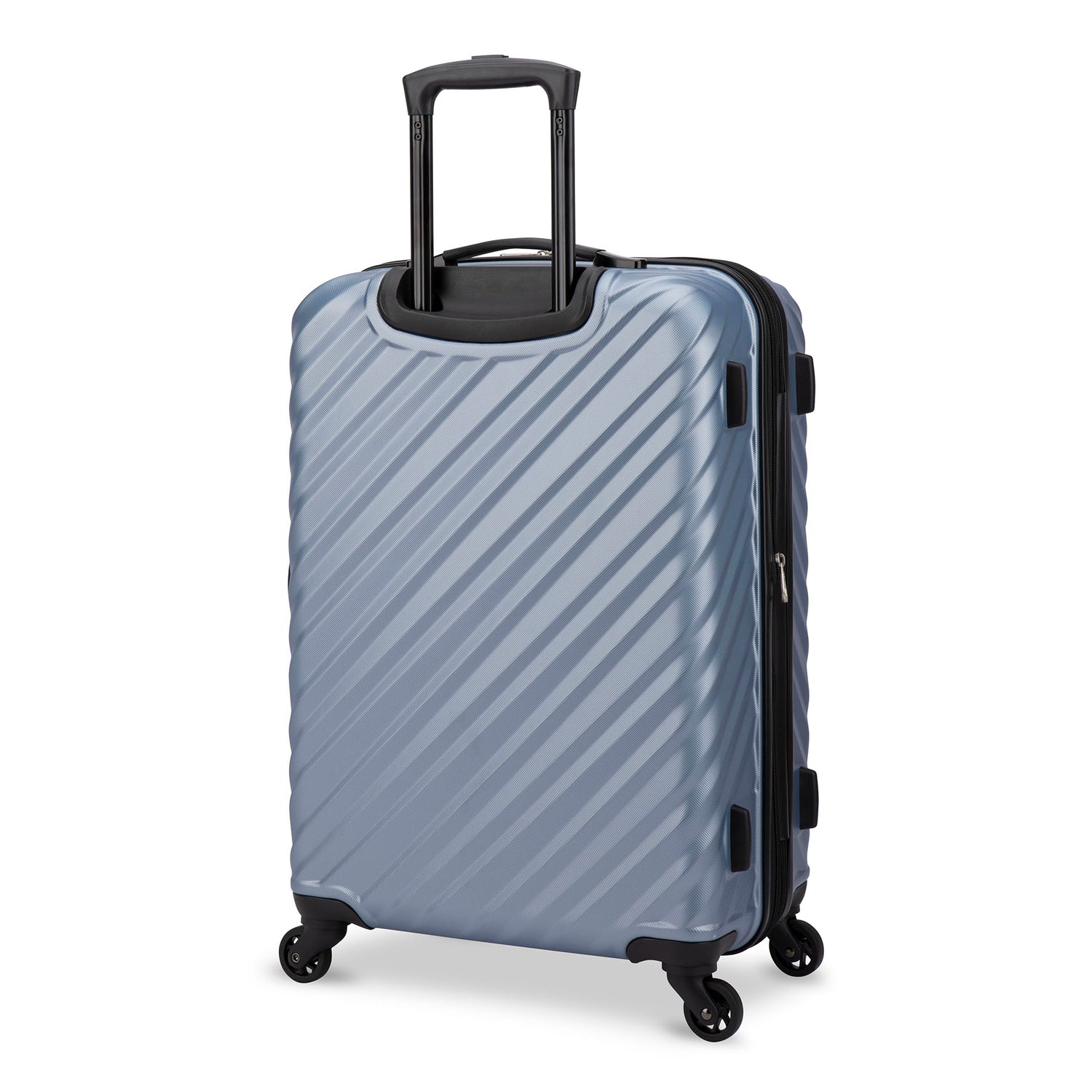 Back side view of a silverish blue hard side luggage called MOD designed by Swiss Gear sold at Bentley, showcasing its telescopic handle and resistant-absorbant texture.
