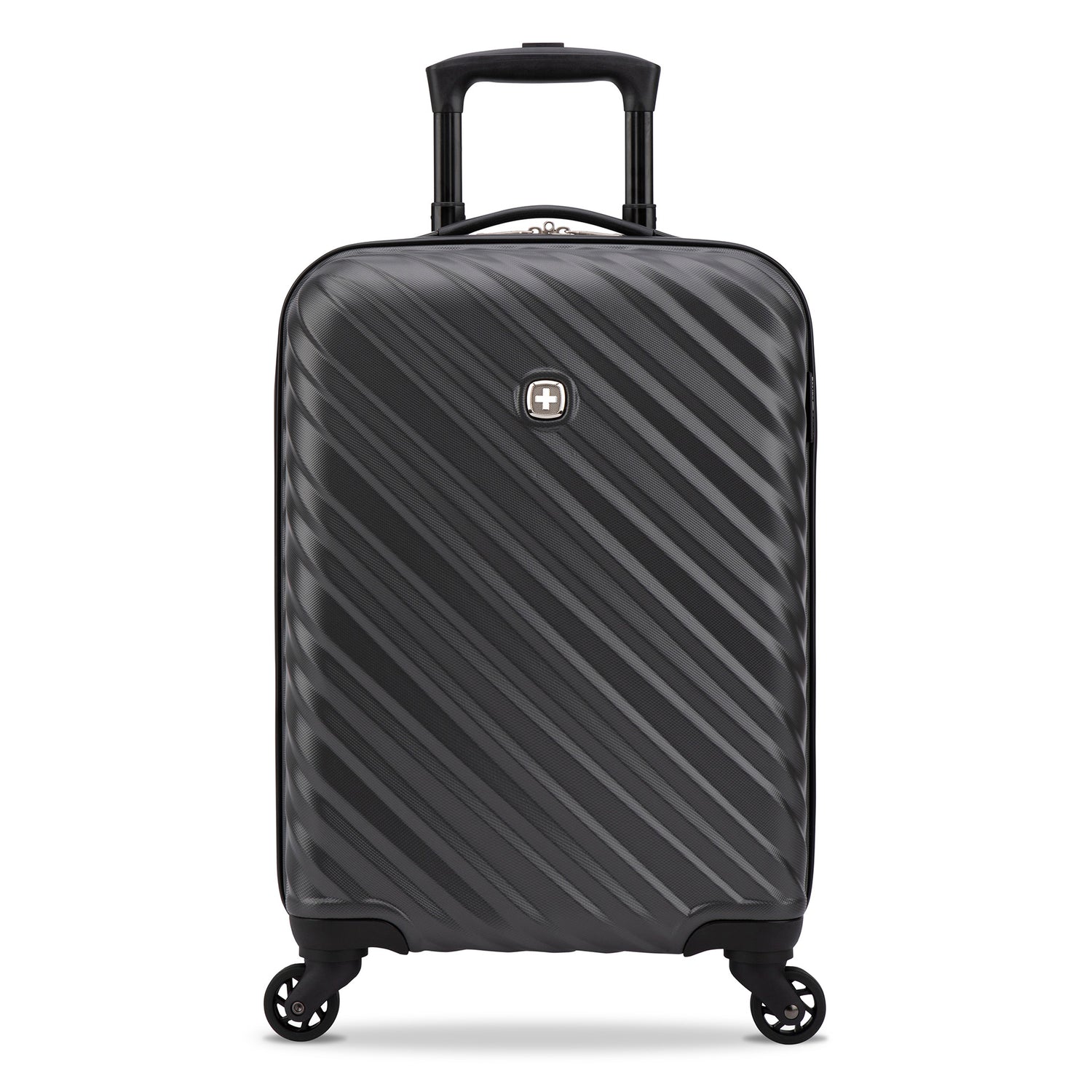 Front side view of a black hard side luggage called MOD designed by Swiss Gear sold at Bentley, showcasing its telescopic handle and resistant-absorbant texture.