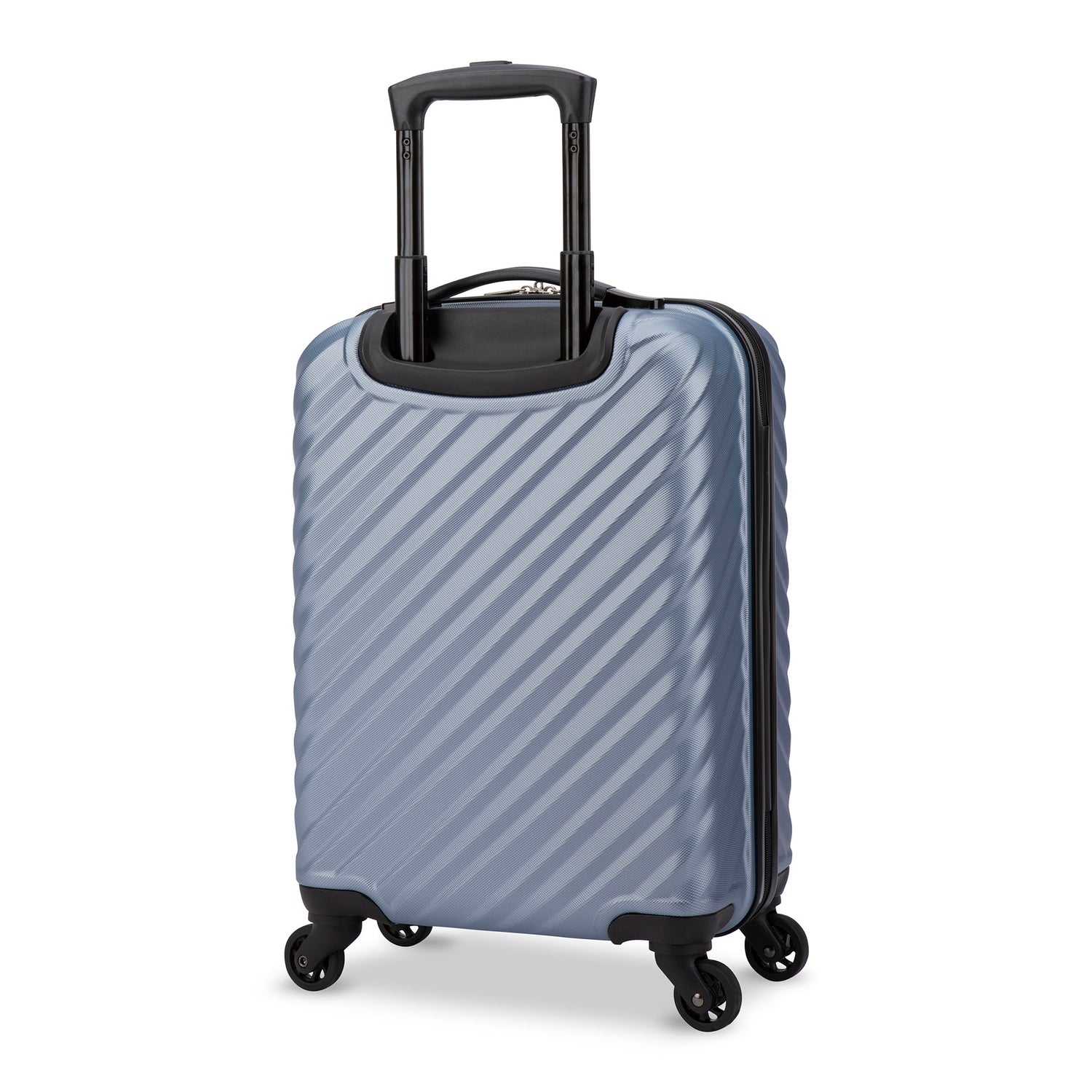 Back side view of a silverish blue hard side luggage called MOD designed by Swiss Gear sold at Bentley, showcasing its telescopic handle and resistant-absorbant texture.