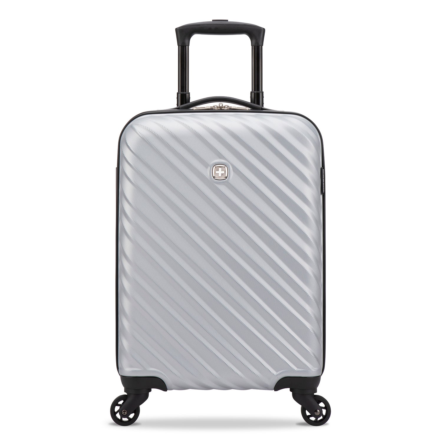 Front side view of a silver hard side luggage called MOD designed by Swiss Gear sold at Bentley, showcasing its telescopic handle and resistant-absorbant texture.