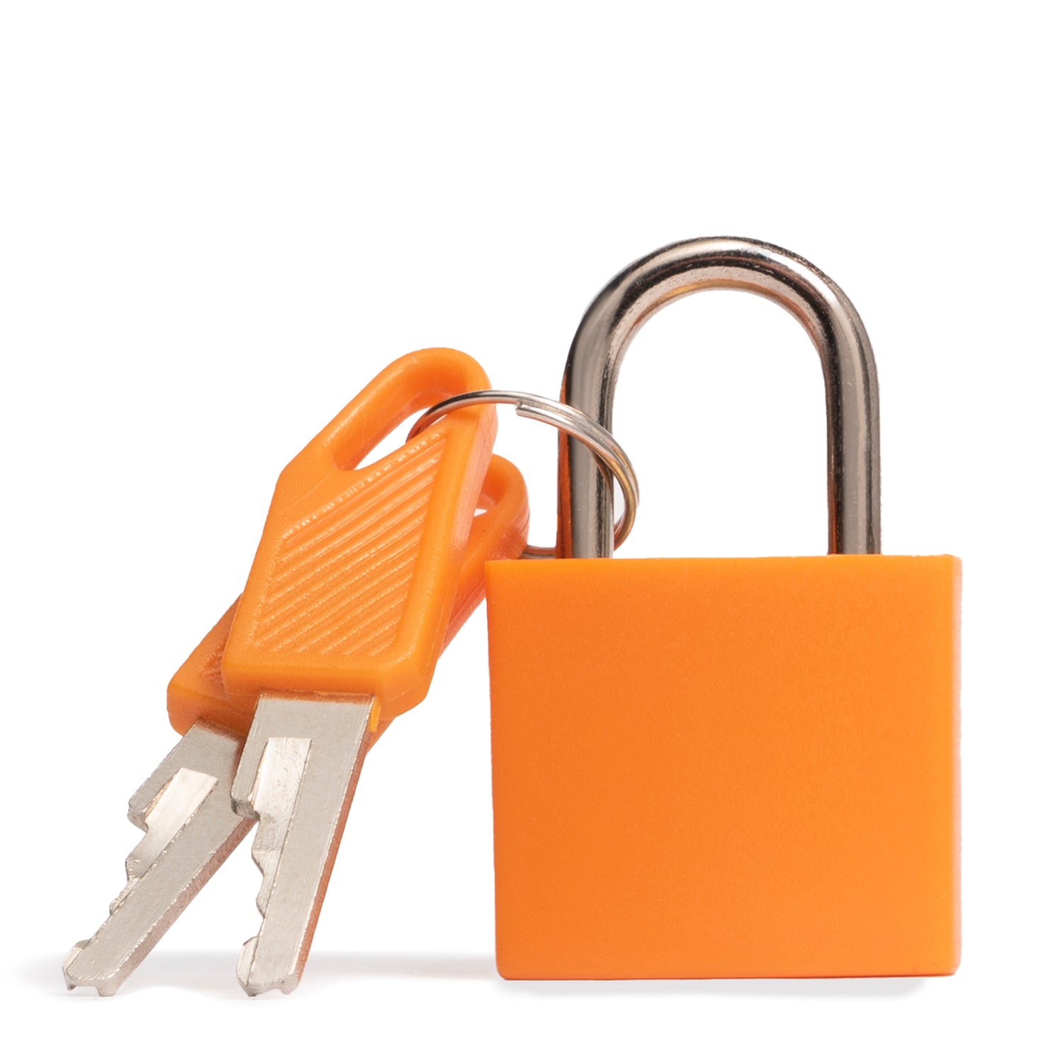 Two orange keys leaning on a orange lock designed by tracker showing its ABS texture and shiny metal