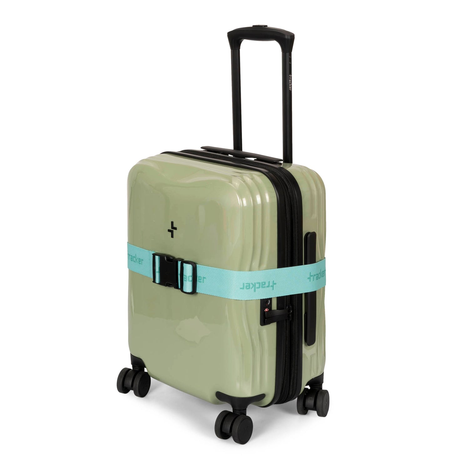 Teal luggage strap designed by Tracker called Tracker Logo wrapped around a luggage (that has its telescopic handle opened) and buckled showing the tracker logo pattern printed on the entirety of the polyester.