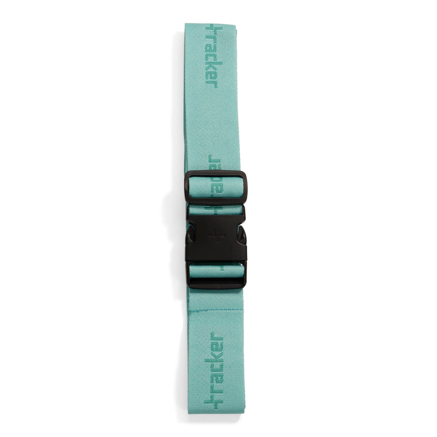 Teal luggage strap designed by Tracker called Tracker Logo folded and buckled showing the tracker logo pattern printed on the entirety of the polyester.