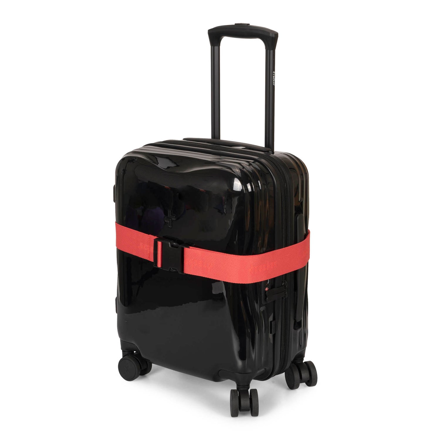 Coral luggage strap designed by Tracker called Tracker Logo wrapped around a luggage (that has its telescopic handle opened) and buckled showing the tracker logo pattern printed on the entirety of the polyester.