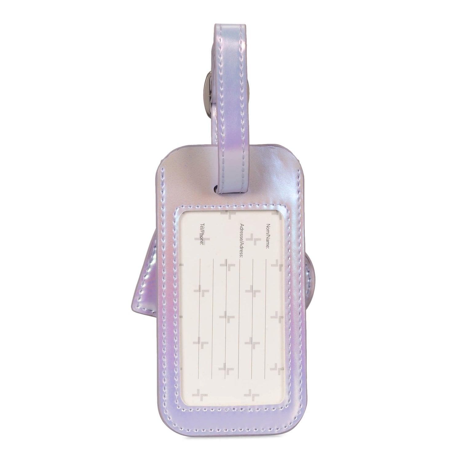 Front side of a purple metallic luggage id tag designed by Tracker showing blank spaces where you would write your name adress and phone # and belt strap.