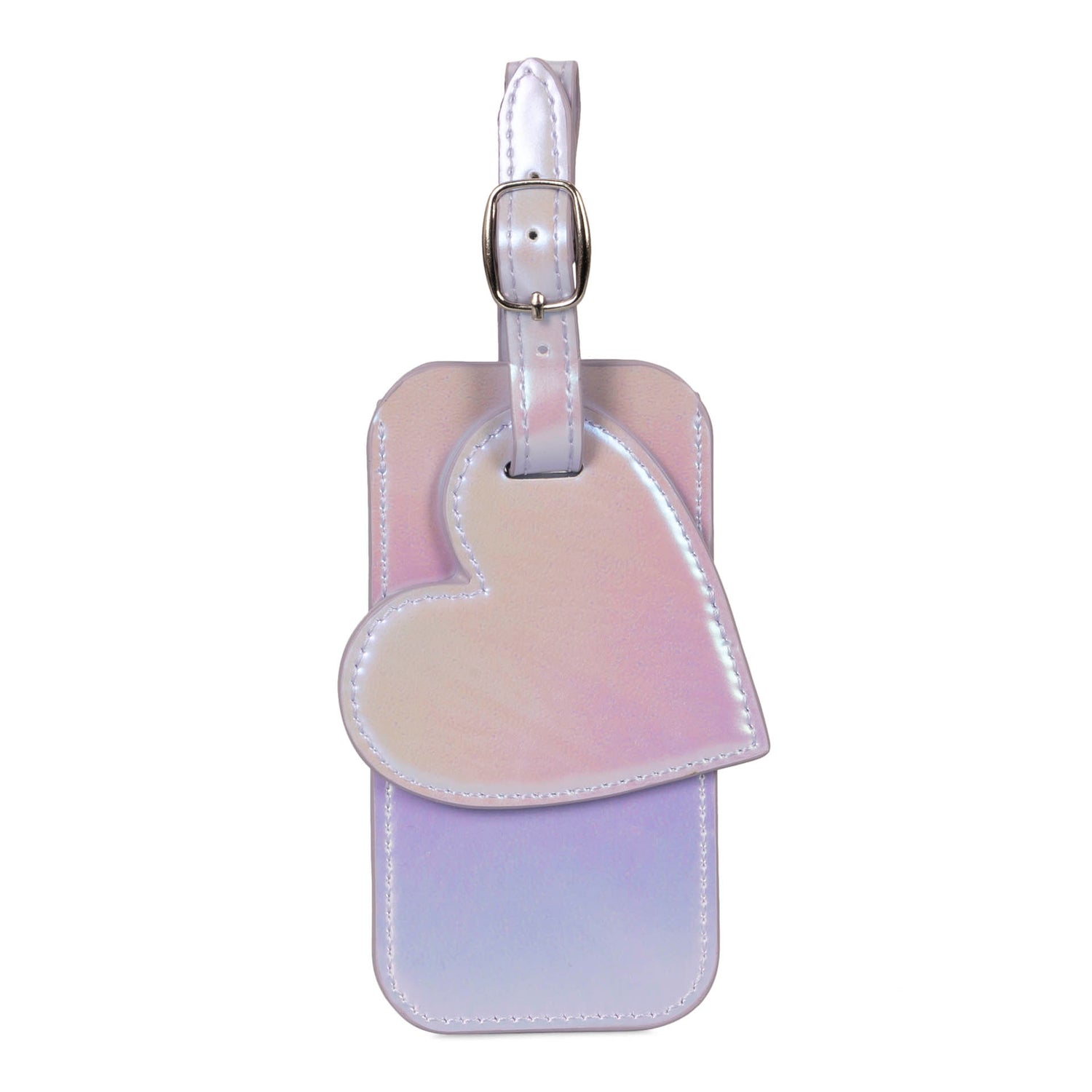 Back side of a purple metallic luggage id tag designed by Tracker showing a dangling heart and belt strap.