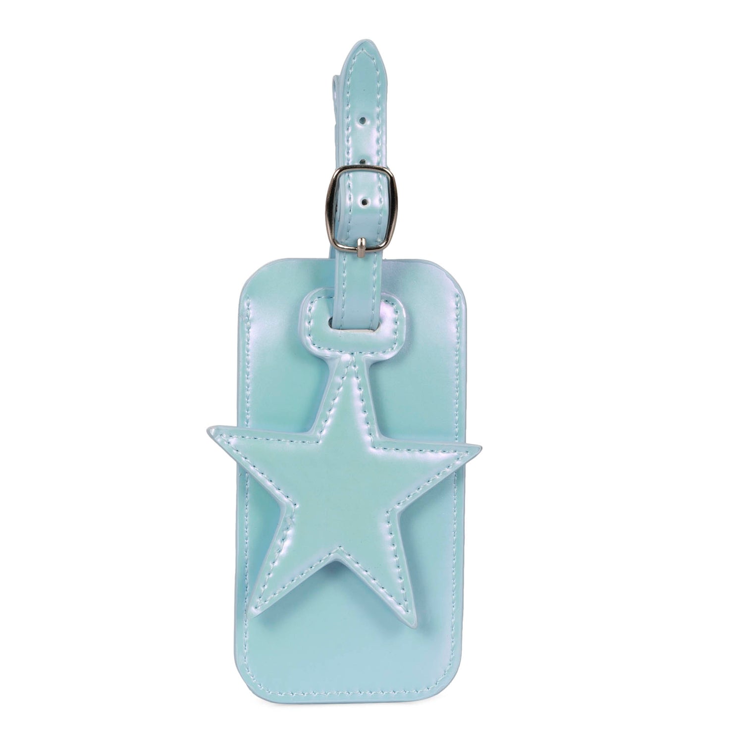 Back side of a luggage tag designed by Tracker showing its blue metallic star charm and pvc texture.