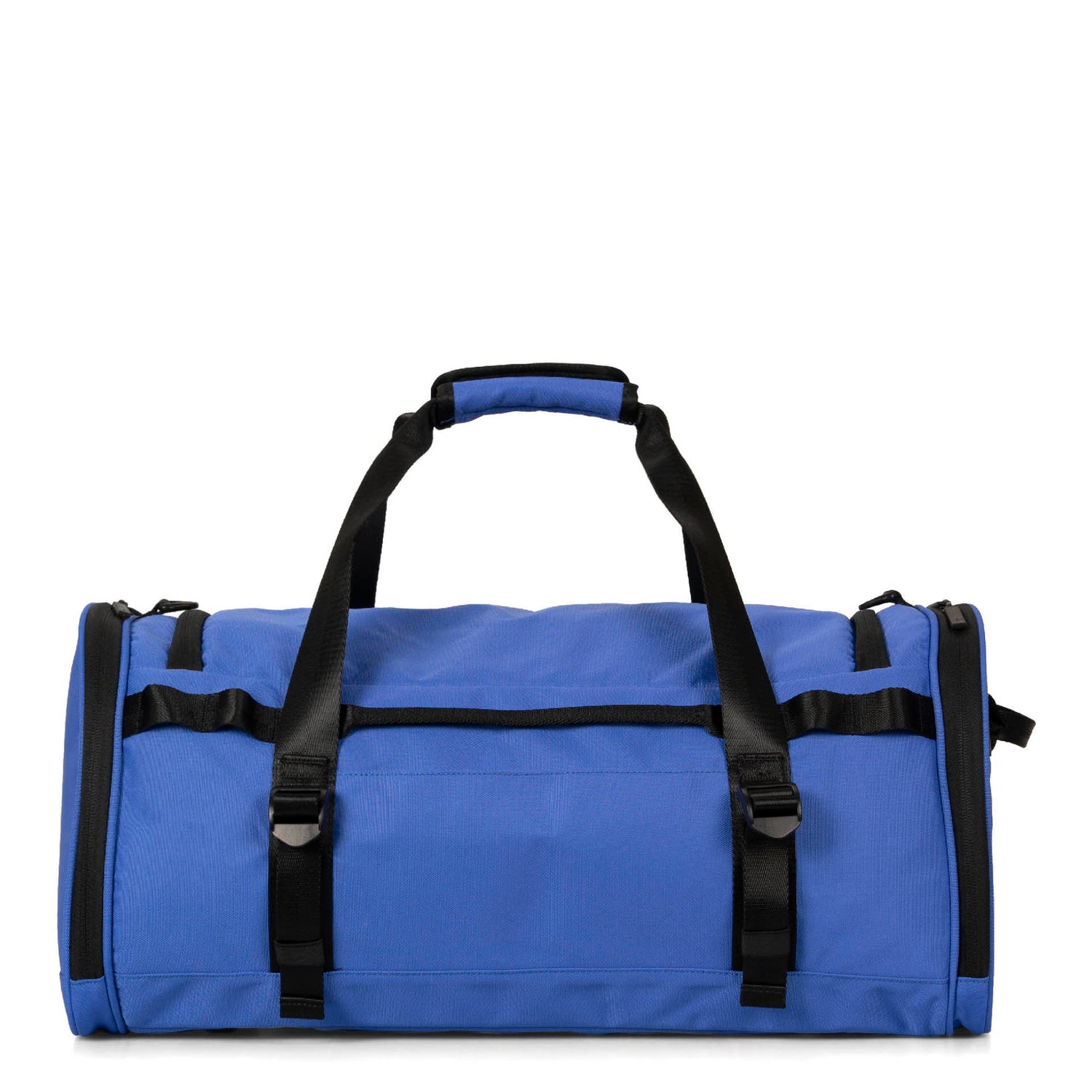 Back side of a blue duffle bag called Banff designed by Tracker showing its top handles, front tracker logo, and multiple zippers.