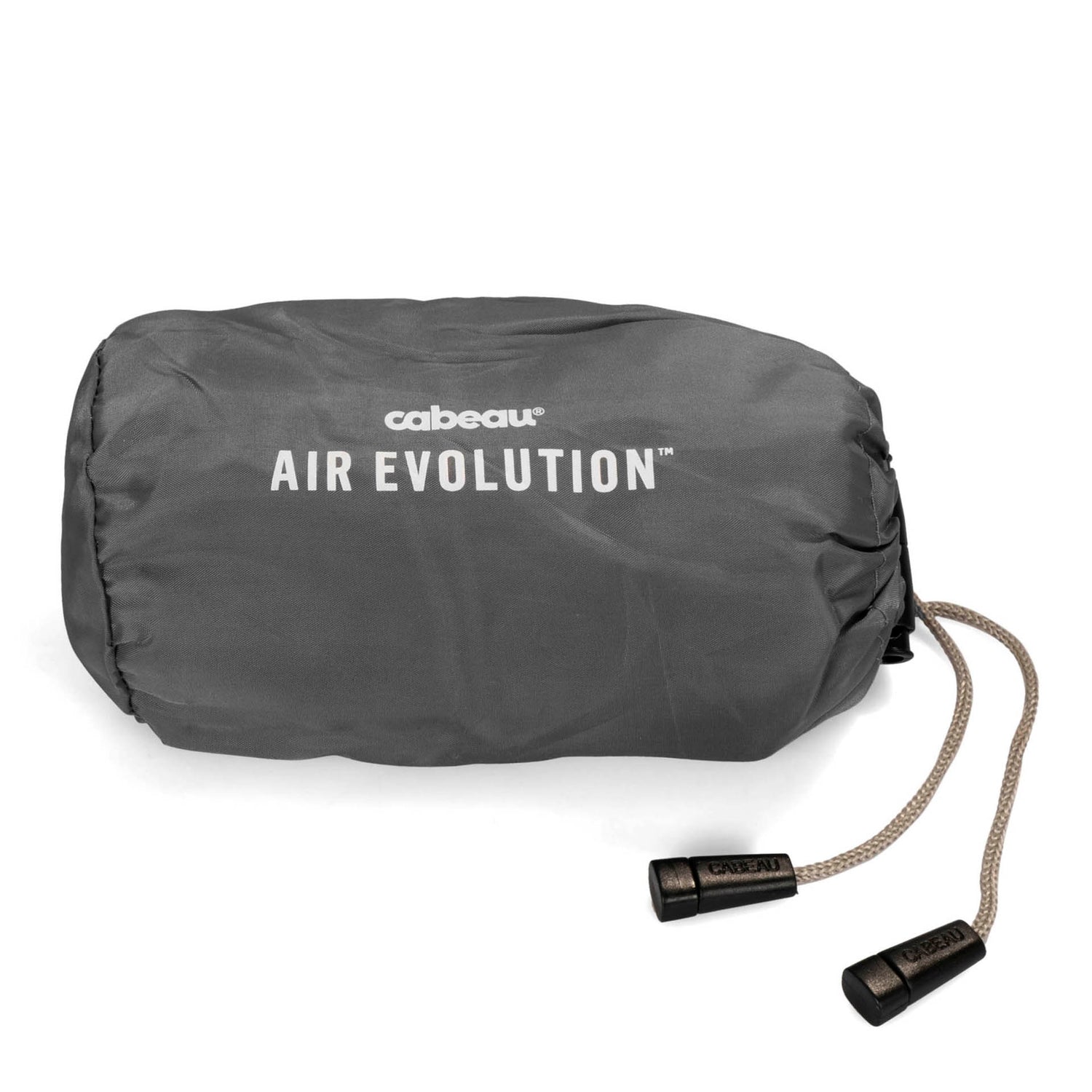 A polyester pouch designed by Cabeau for a travel pillow called Air Evolution showing the brand and collection name printed on the front with its drawstrings loose on the floor.