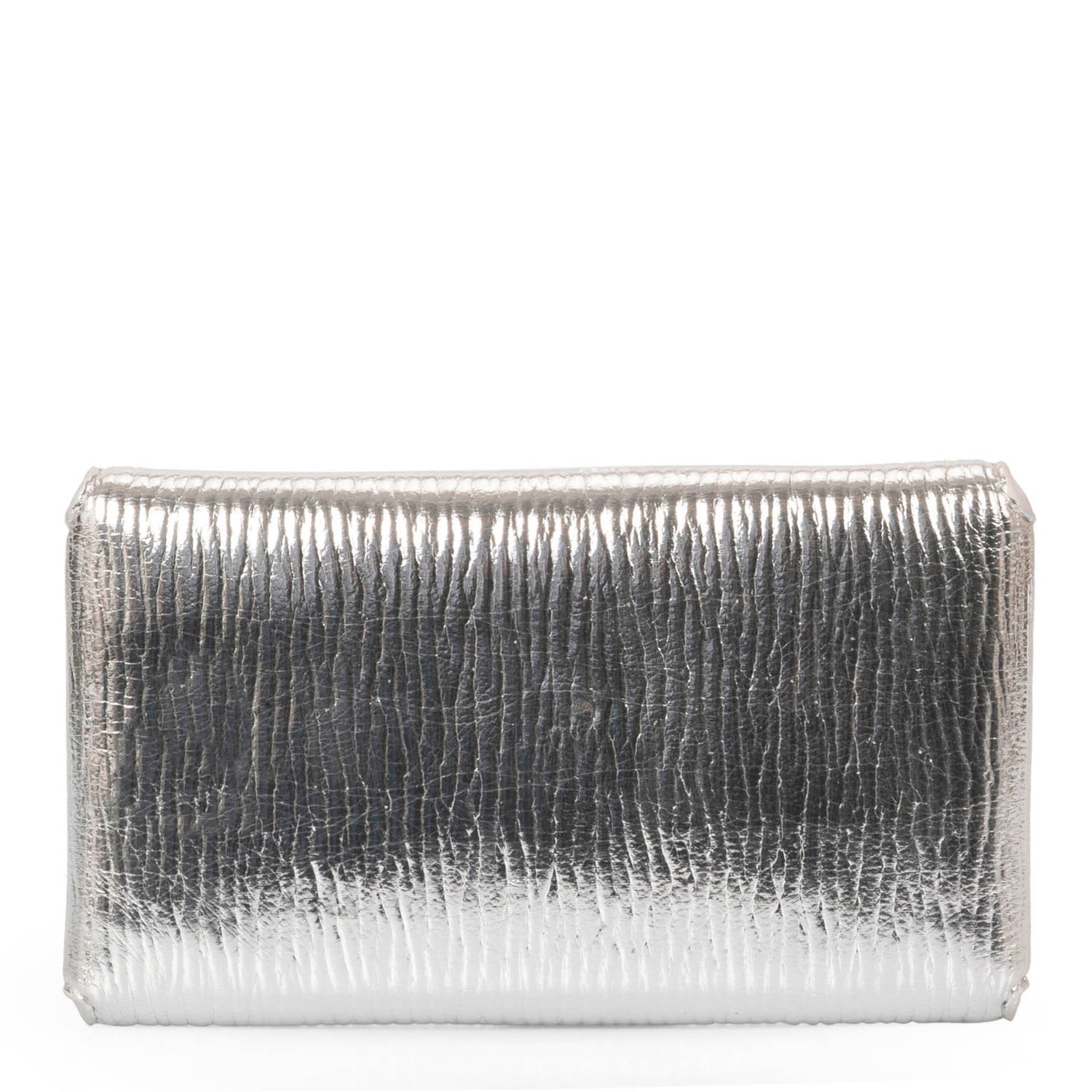 Back view of metallic silver coloured vegan crossbody bag called Evening in an envelopy style designed by Riona, showcasing its shiney textured PU look.