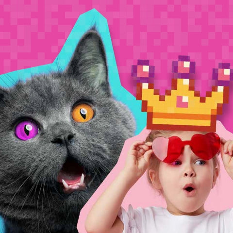 A giant cat with one purple and one yellow-orange eye with a surprised face is next to a child, girl, who is holding her glasses and is wearing a retro-pixelated crown.
