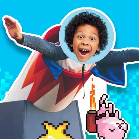 A child, boy, is inside a retro-gamic and red canon that is about to blast off near a pink pet that has a pixelated fun jet pack.
