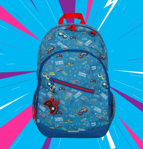 Dark blue backpack with a red accents and a keyfob of a gaming remote controller on a blue background with pink, purple, and white obtuse angle or lightning zig zags.